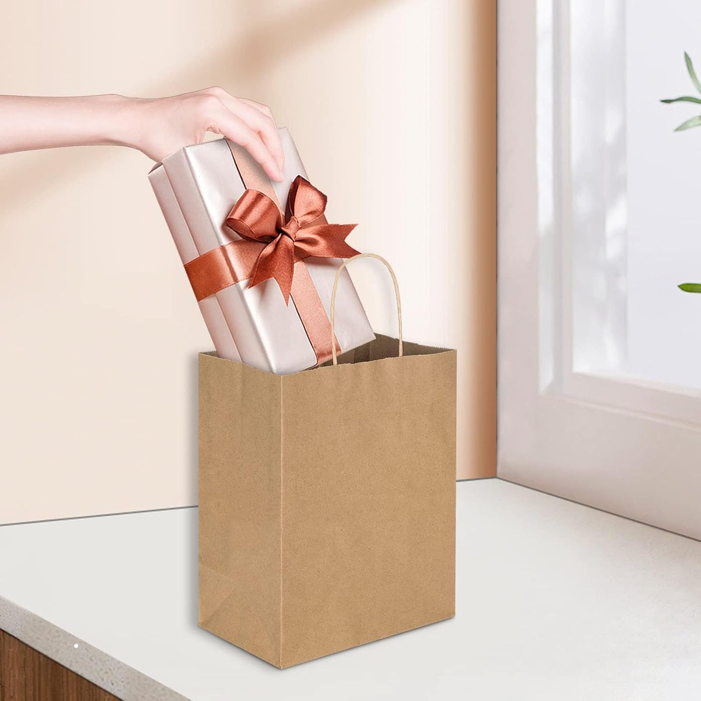 Toovip 100-Count Brown Paper Gift Bags, 21x11x27cm, Reusable Kraft Bags NEW