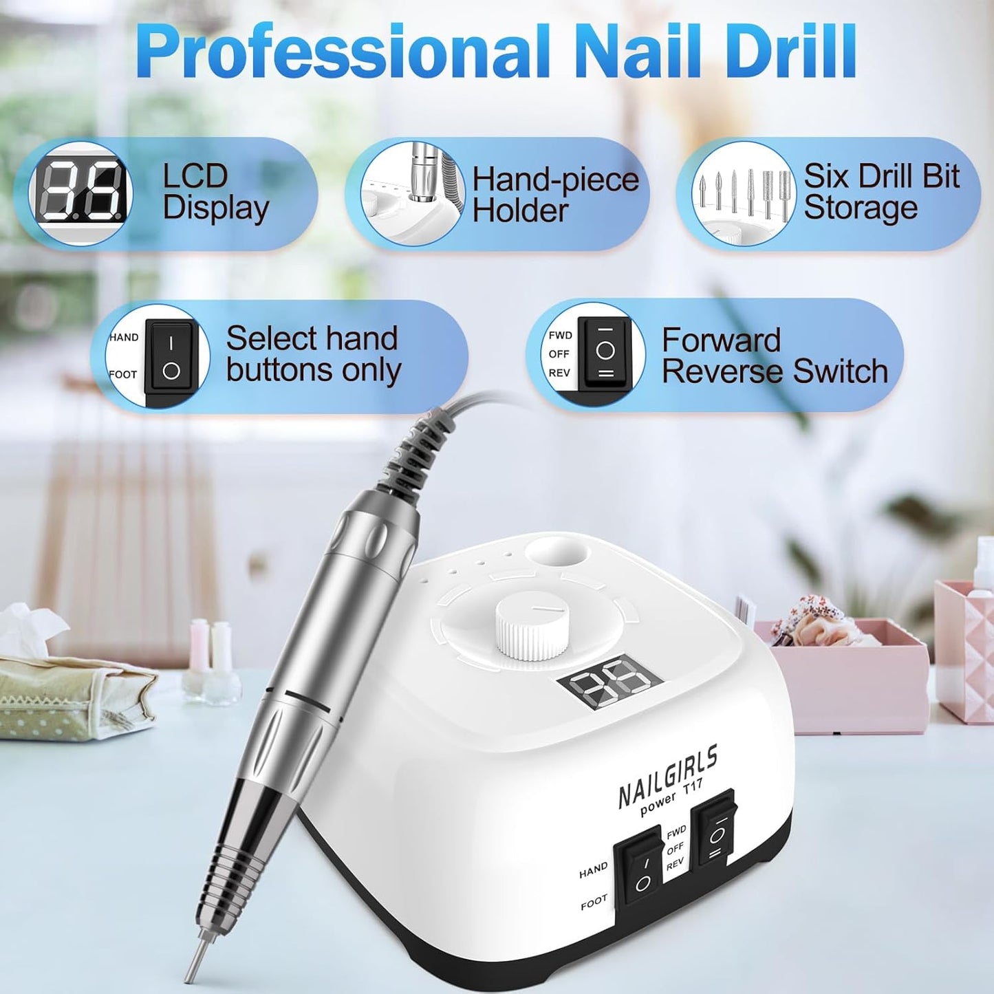 NAILGIRLS T17 35000RPM Electric Nail Drill White & Drill & Bit Pack NEW