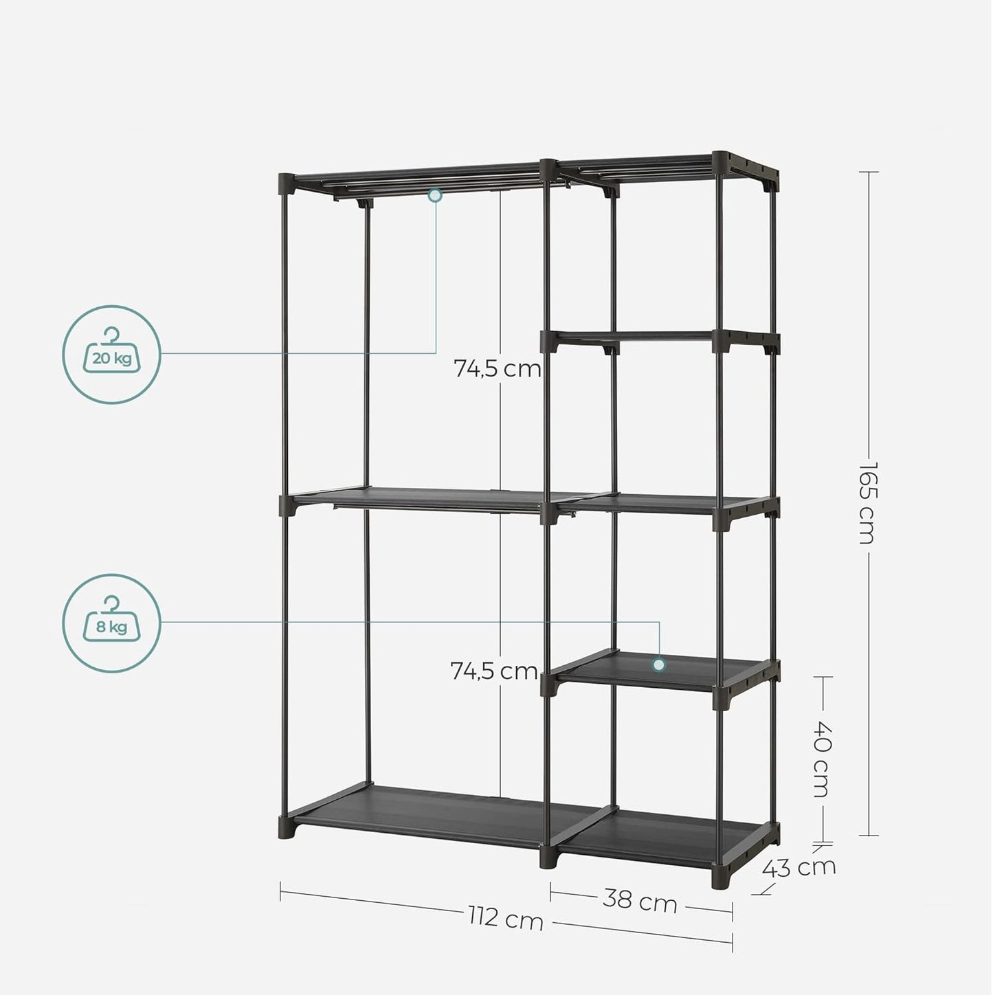 SONGMICS Freestanding Bedroom Wardrobes Wardrobe Vertical Shelf Coat Rack NEW