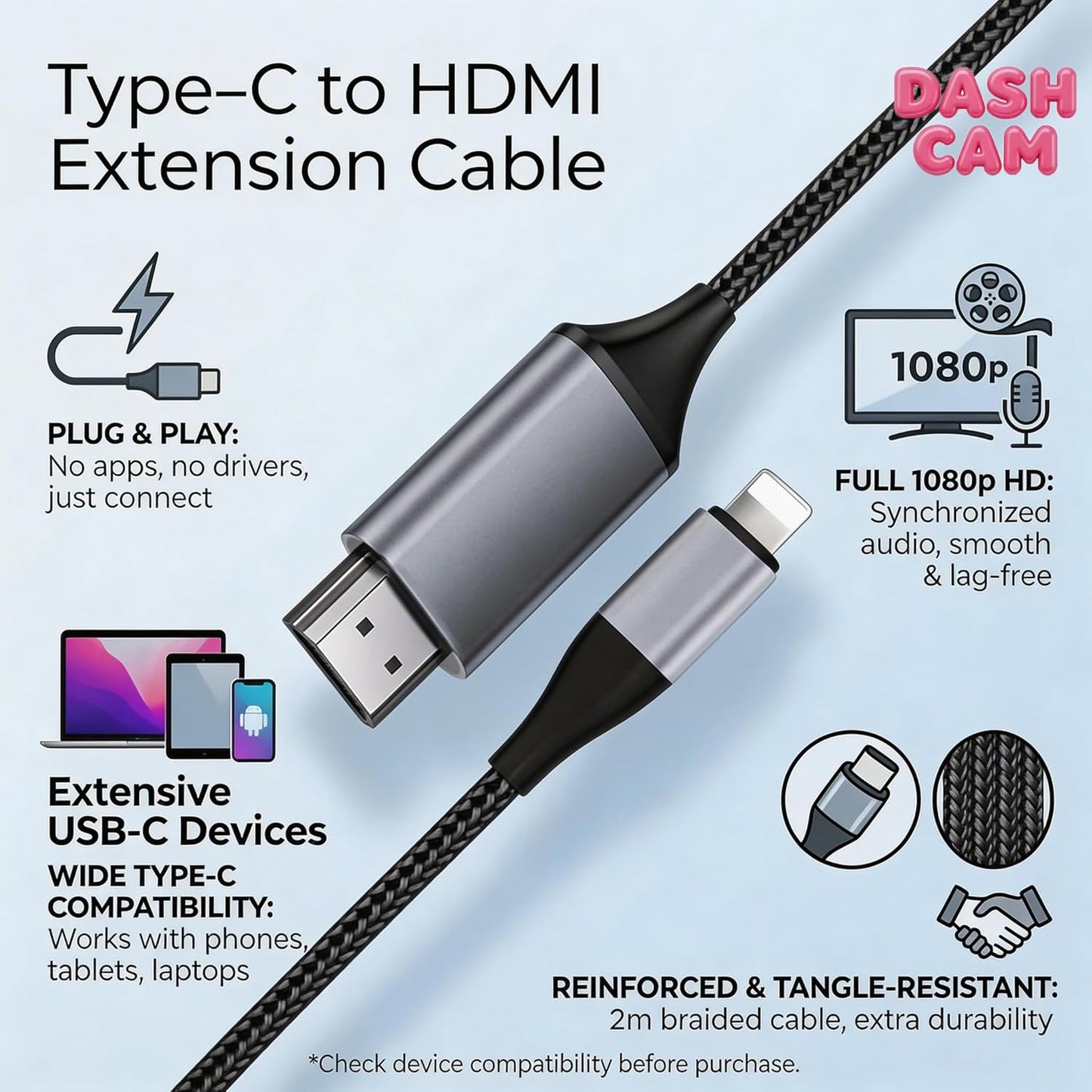 Dash Cam HDMI Cable 6.6FT Braided for iPhone to TV Mirroring, Plug and Play DEMO