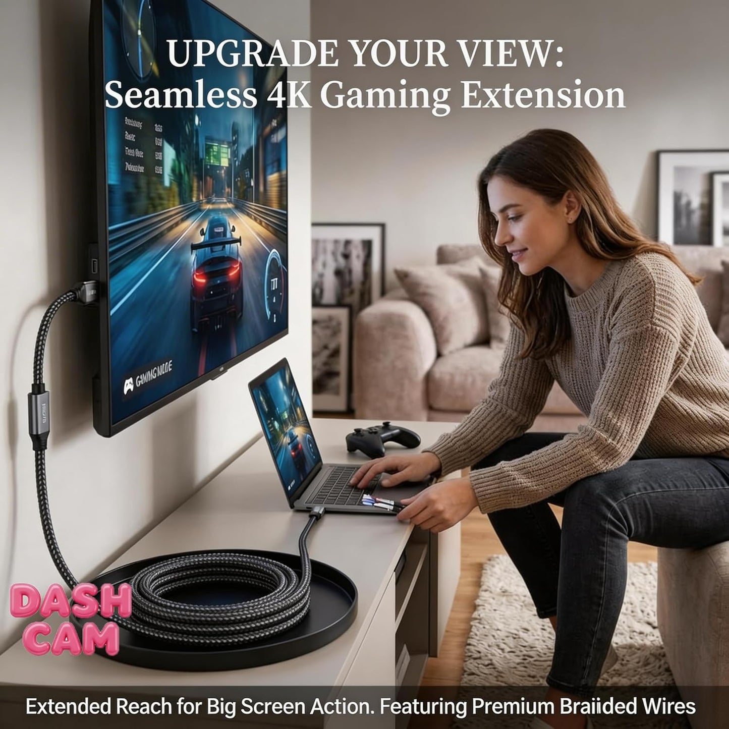 Dash Cam HDMI Cable 6.6FT Braided for iPhone to TV Mirroring, Plug and Play DEMO