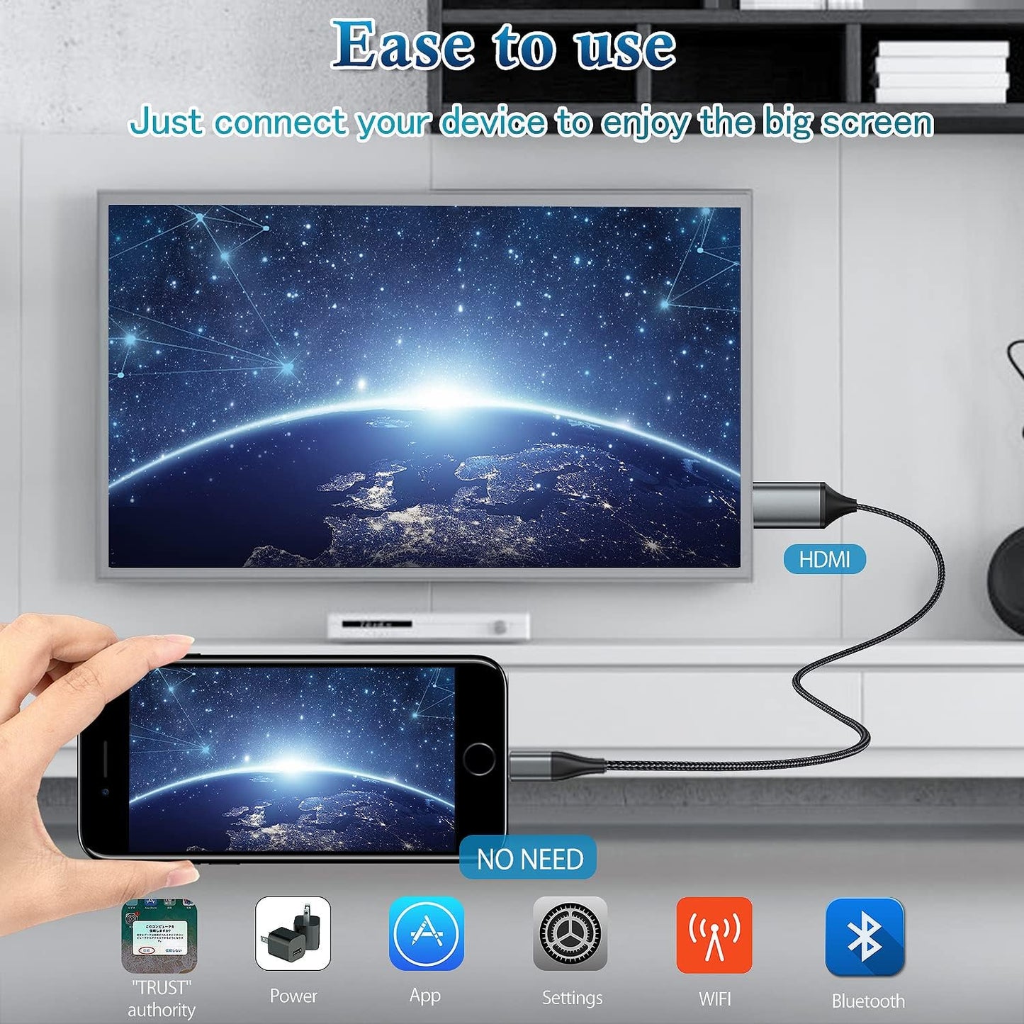 Dash Cam HDMI Cable 6.6FT Braided for iPhone to TV Mirroring, Plug and Play DEMO