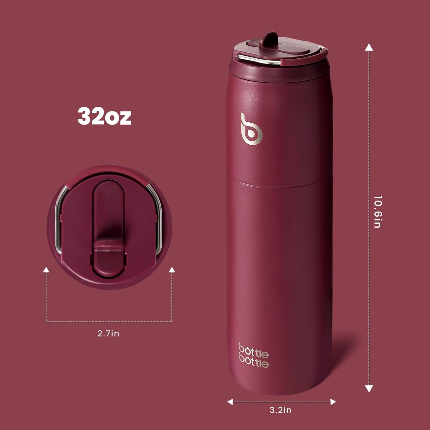 BOTTLE Stainless Steel Sports Water with Straw & Lid, 32oz, Red DEMO