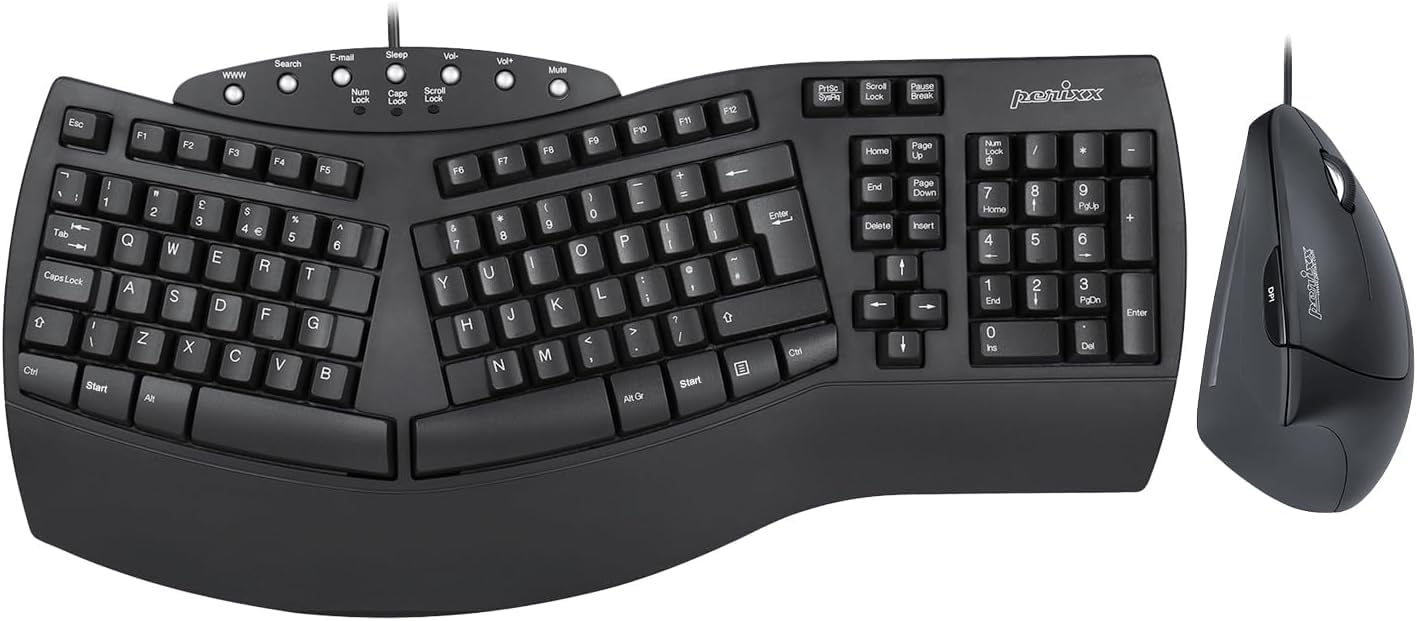 Perixx Ergonomic Keyboard and Vertical Mouse Combo - Black USB Set NEW