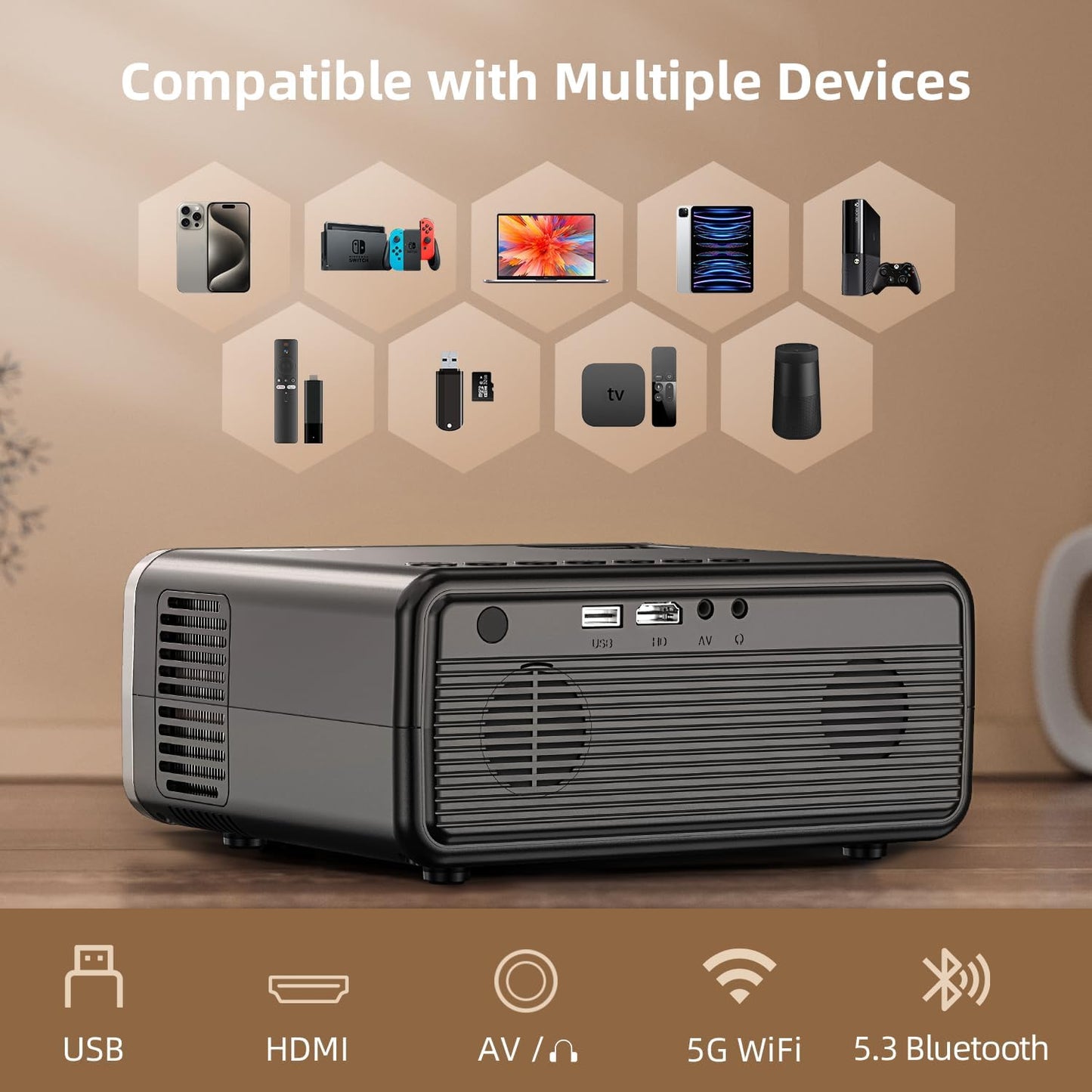 FUDONI 4K Projectors Portable Projector with WiFi & Bluetooth, Iron Gray, DEMO