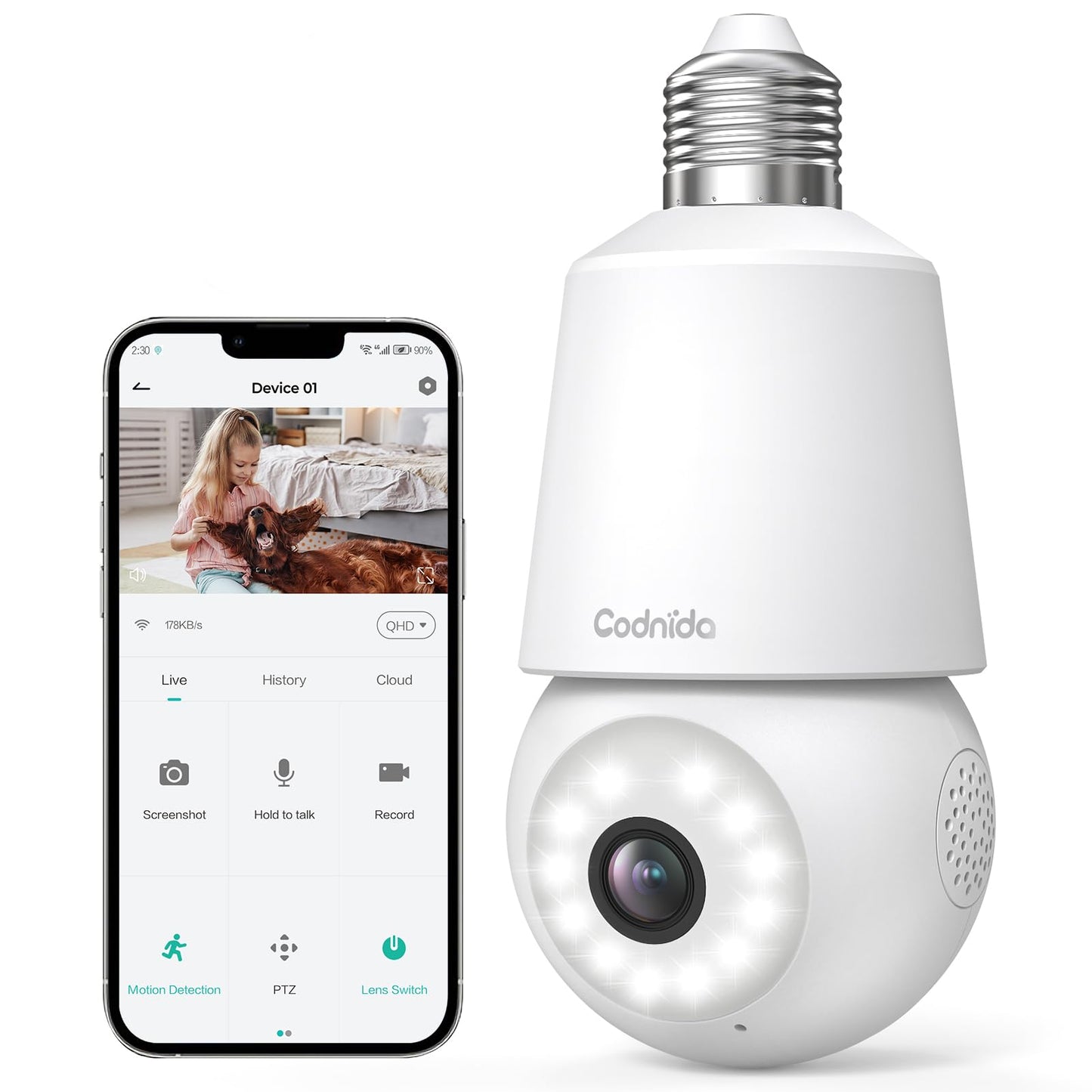 Codnida Gray WiFi Bullet Camera Security Light Bulb for Indoor & Outdoor DEMO