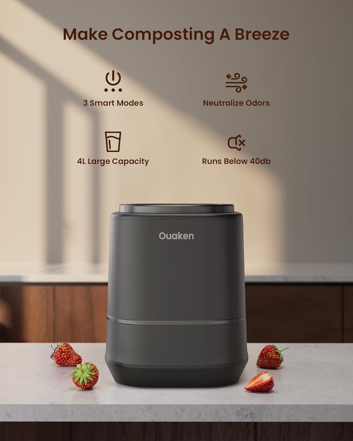 Ouaken Smart Countertop Compost Bin Odorless Low Waste Recycling Black DEMO
