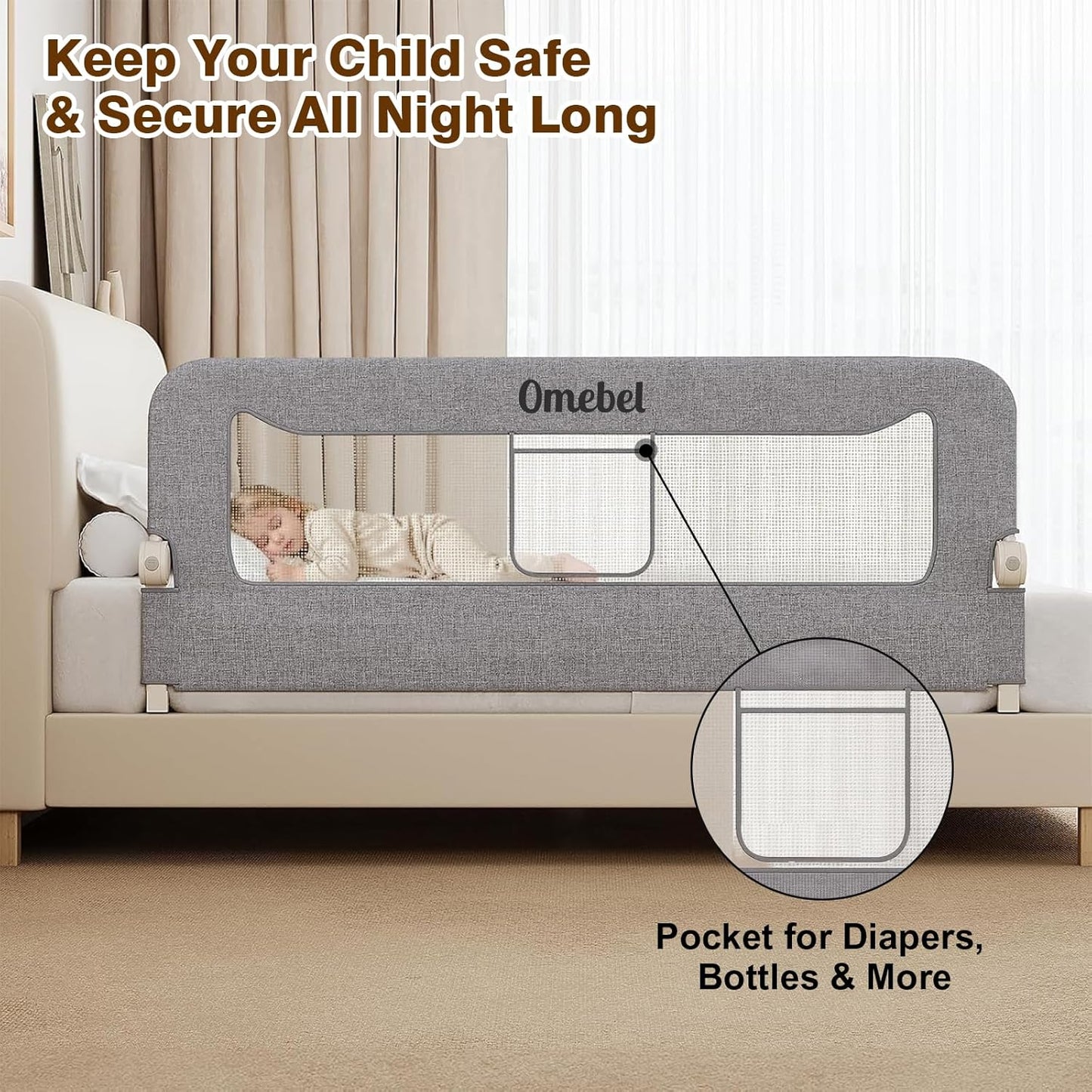 Omebel 200CM Grey Toddler Bed Rails Long Safety Guard Bedside for Crib DEMO