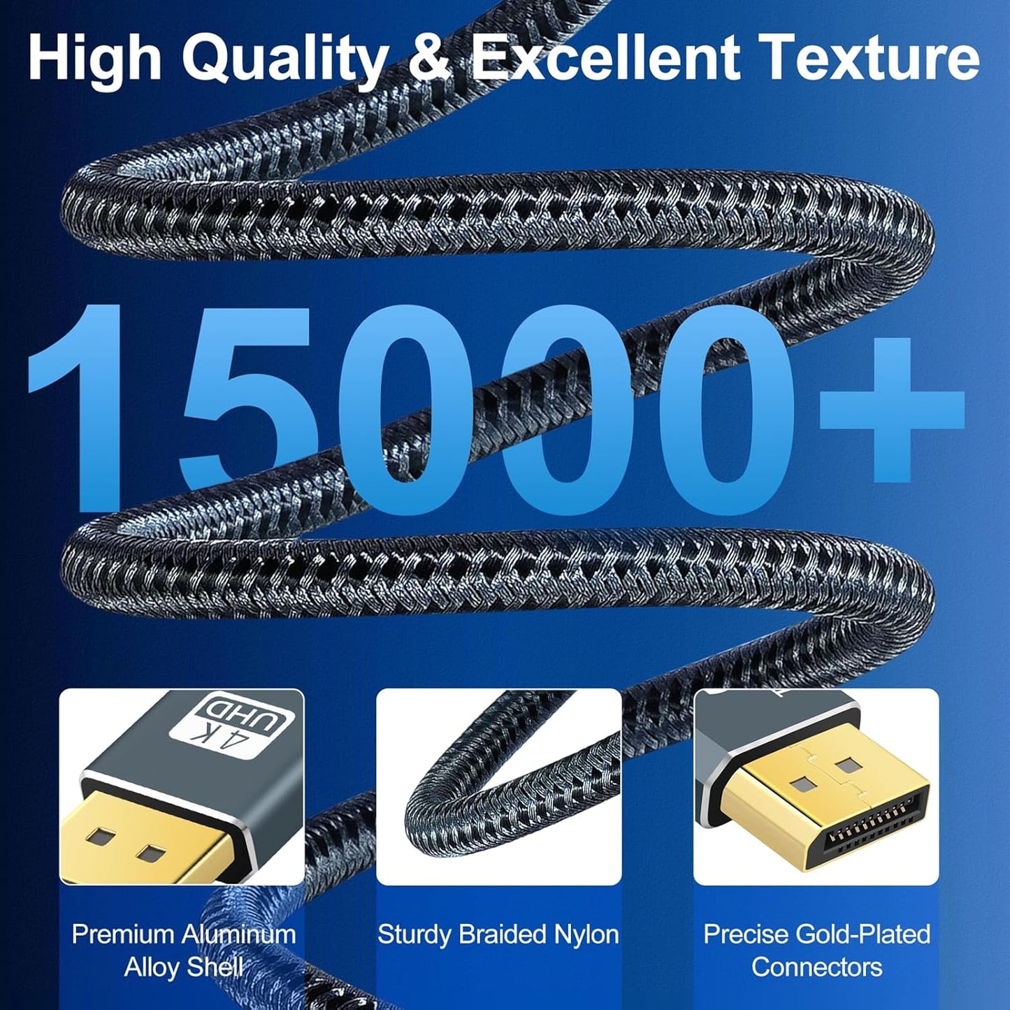 Thzzhnno 4K Cables DisplayPort Cable 30ft Nylon Braided 1.2 Black DEMO