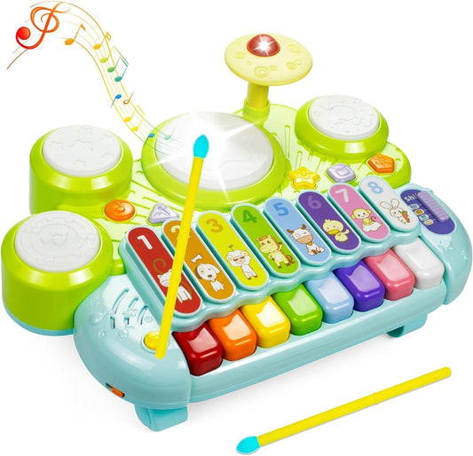 Anxuefa 3-in-1 Musical Toy Piano Keyboard Xylophone Drum Set Green and DEMO
