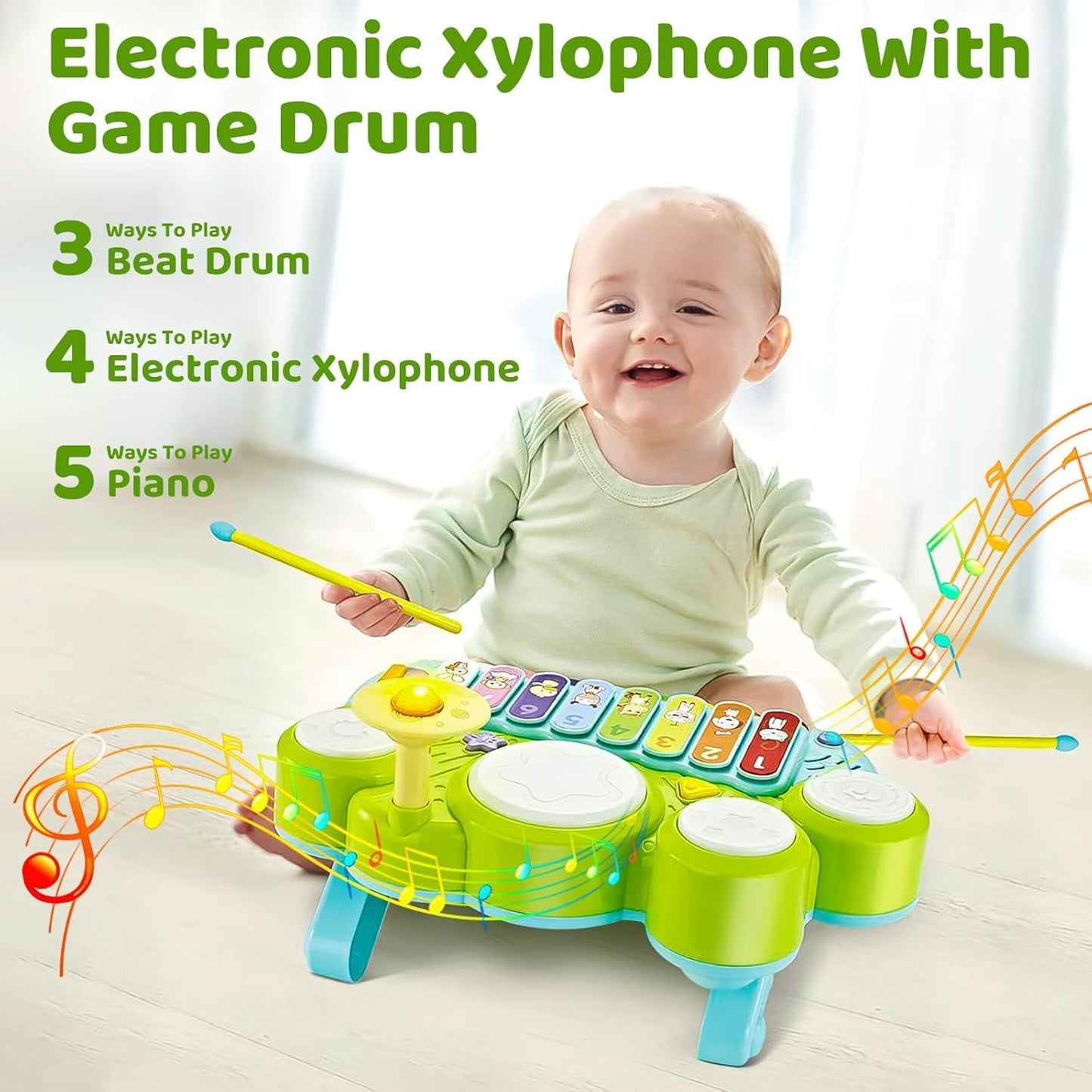 Anxuefa 3-in-1 Musical Toy Piano Keyboard Xylophone Drum Set Green and DEMO