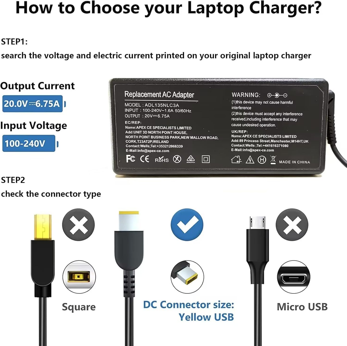 GTGUGR 135W Laptop Charger for Lenovo Yoga 720-15IKB IdeaPad Y40-70 Y50-70 DEMO