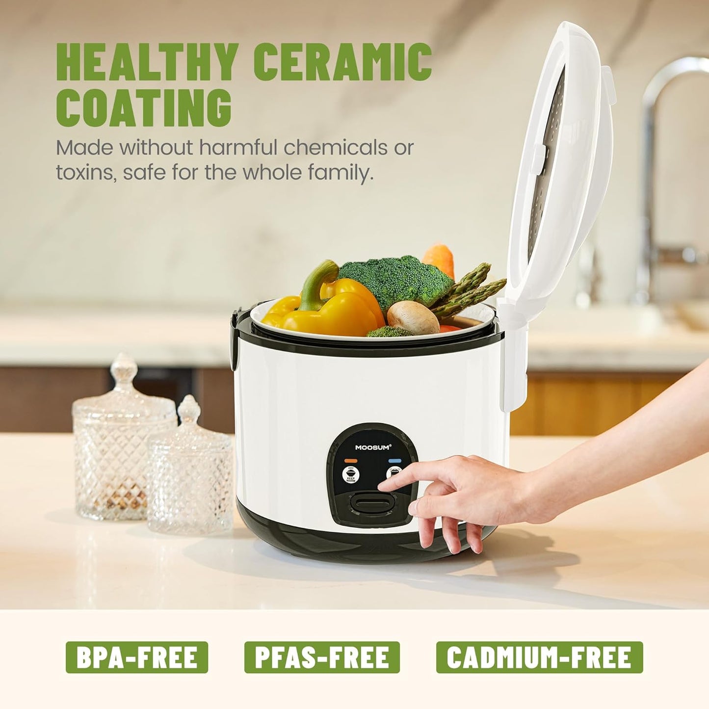 Moosum Rice Cooker with One Touch and Food Steamer 0.8L 5 Cup Capacity NEW