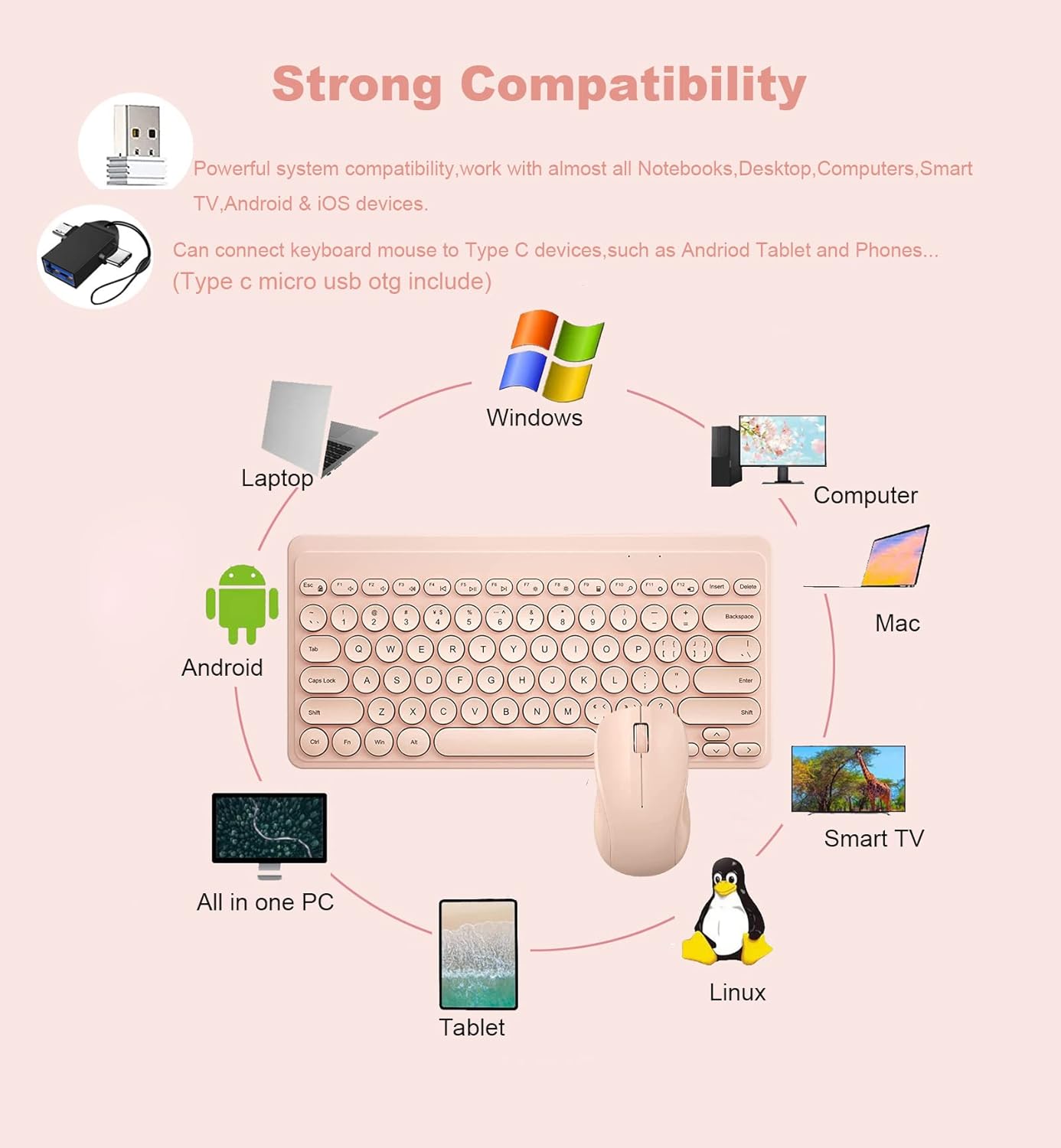 JieruiDeng 79-Key Retro Mini Cute Pink Computer Keyboard for Home Office DEMO
