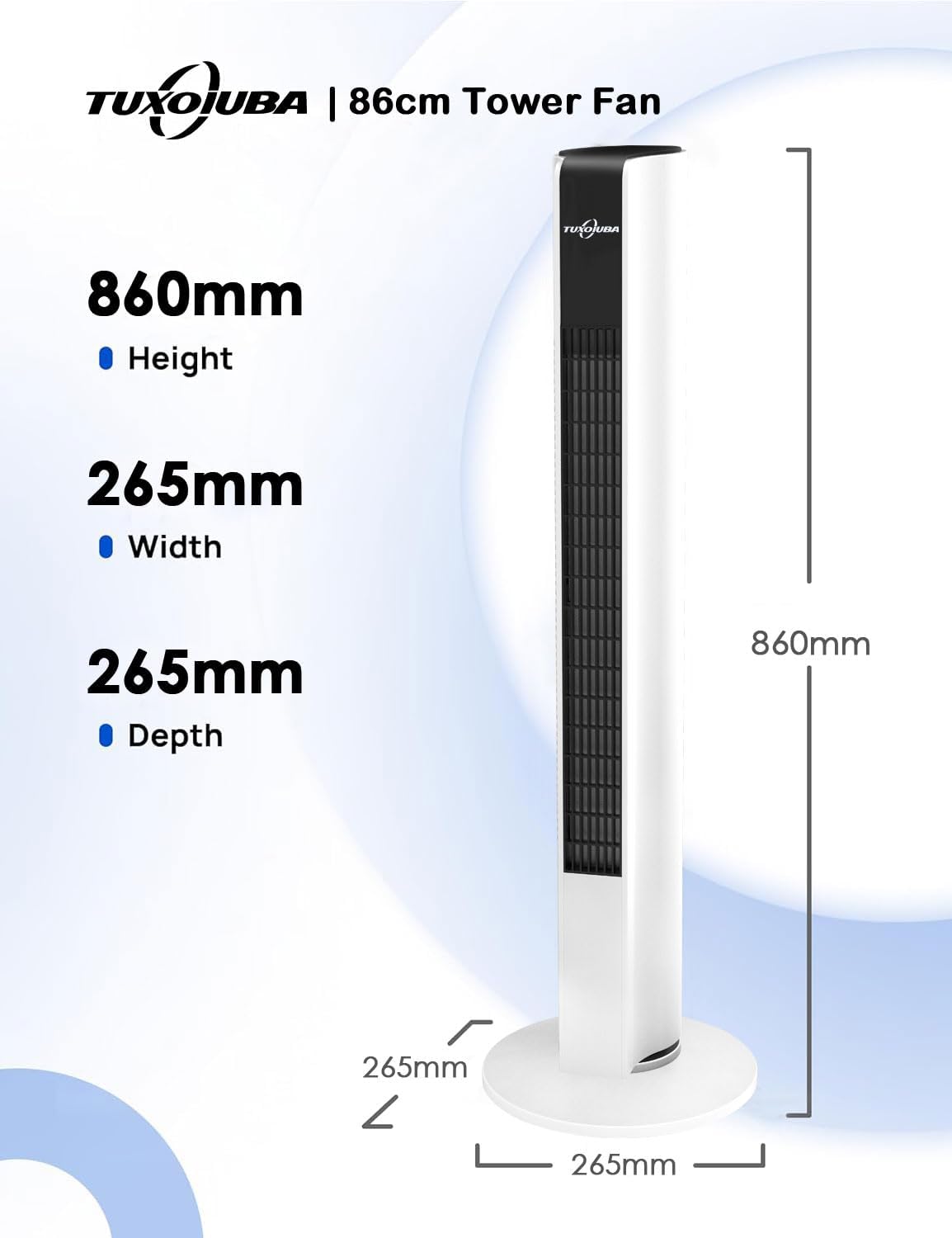TUXOIUBA 90° Oscillating Tower Fan with Remote Control for Quiet Cooling DEMO