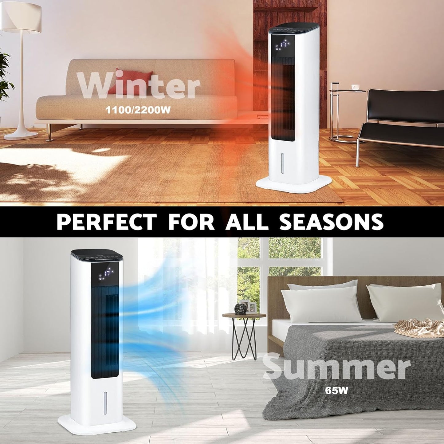 ADVWIN 4-in-1 Portable Oscillating Heater Cooler Fan, 2200W, White, Heating DEMO