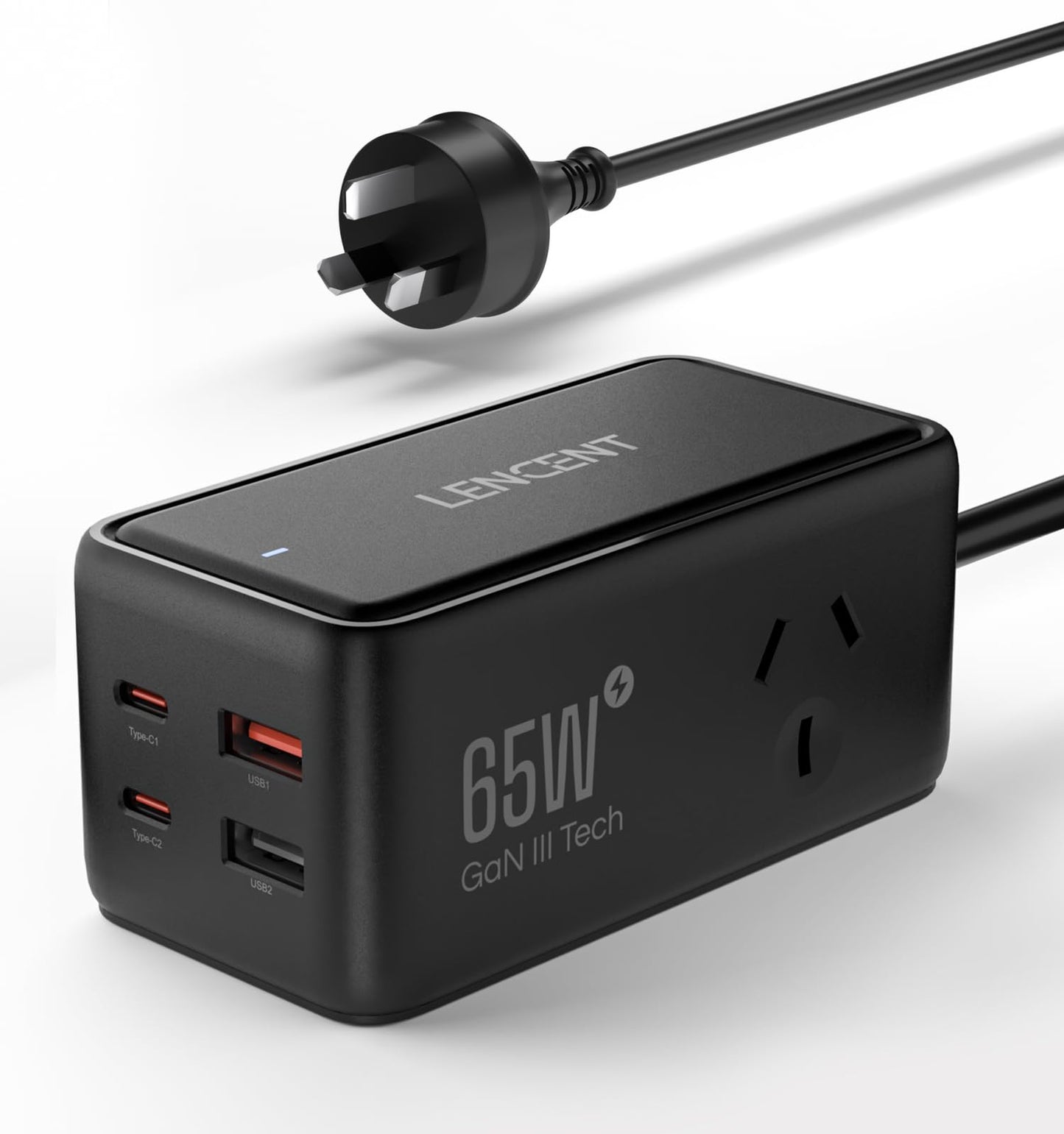 LENCENT 65W USB Fast Charger Power Strip with 2 Outlets GaN Charging Station NEW