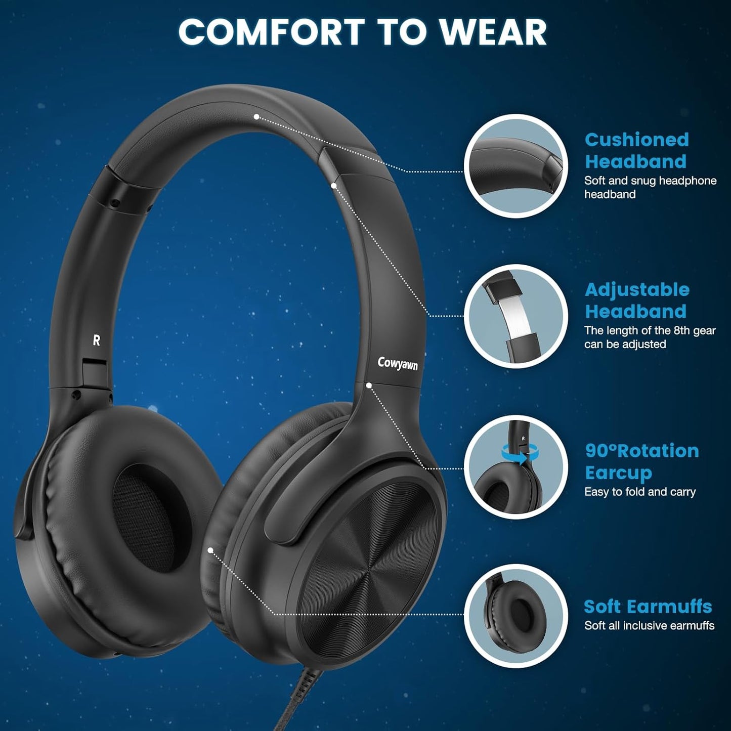 Cowyawn Wired Over-Ear Headphones with Microphone Volume Control Black DEMO