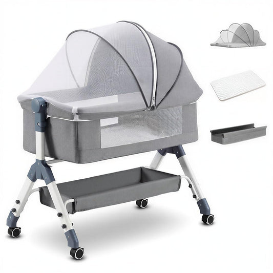 Playpals Grey Bedside Crib with Storage Basket, Wheels, and Mattress Size DEMO