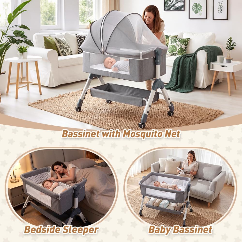 Playpals Grey Bedside Crib with Storage Basket, Wheels, and Mattress Size DEMO