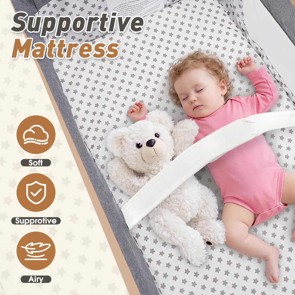 Playpals Grey Bedside Crib with Storage Basket, Wheels, and Mattress Size DEMO
