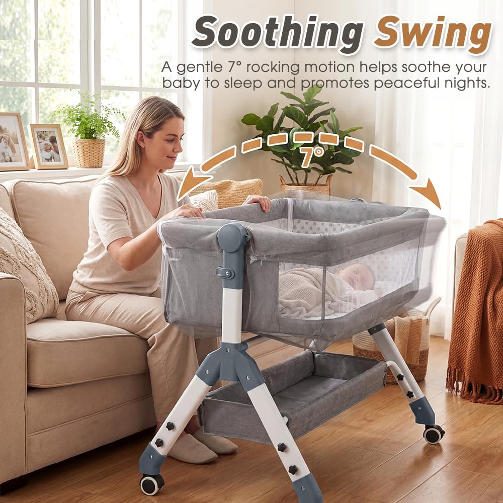 Playpals Grey Bedside Crib with Storage Basket, Wheels, and Mattress Size DEMO