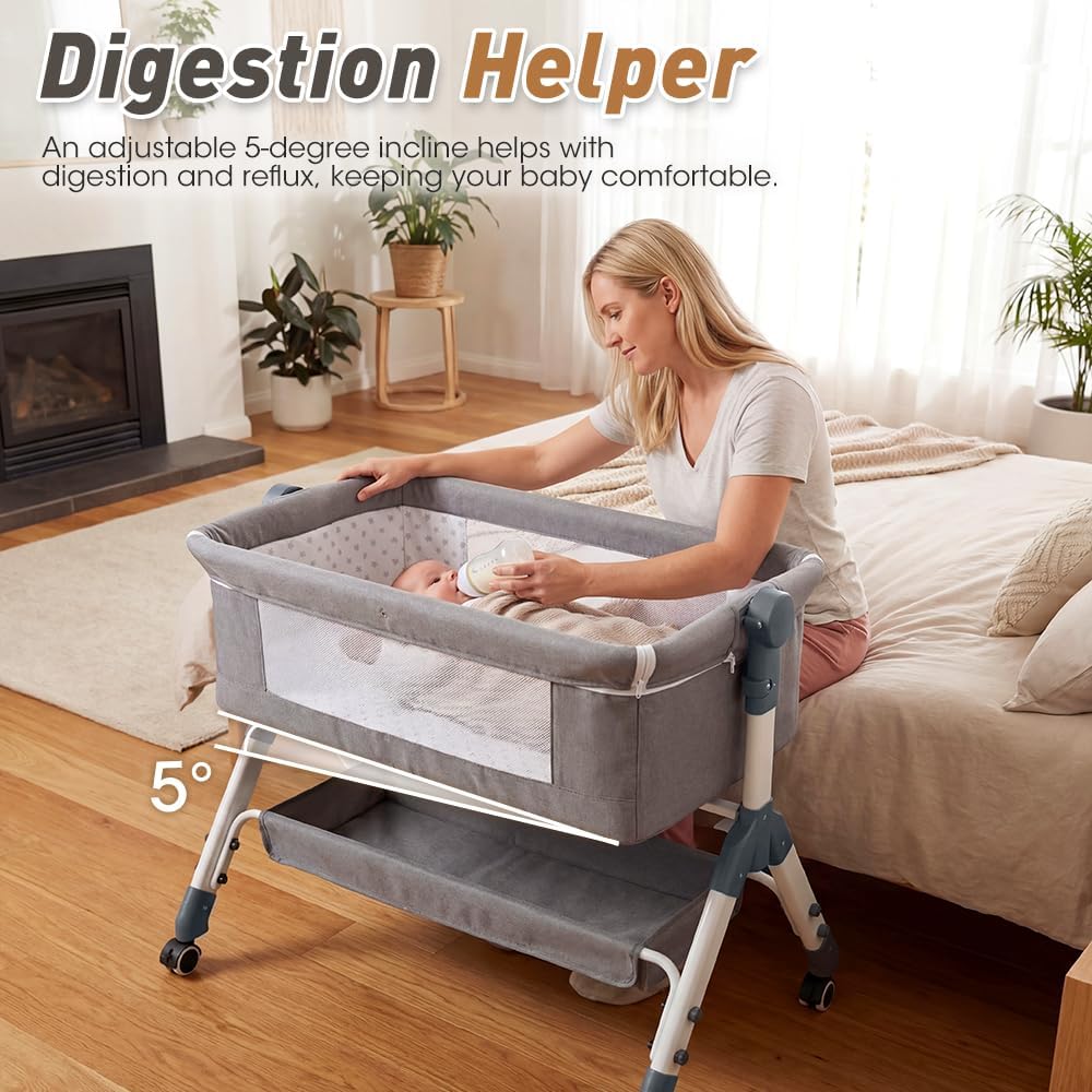 Playpals Grey Bedside Crib with Storage Basket, Wheels, and Mattress Size DEMO