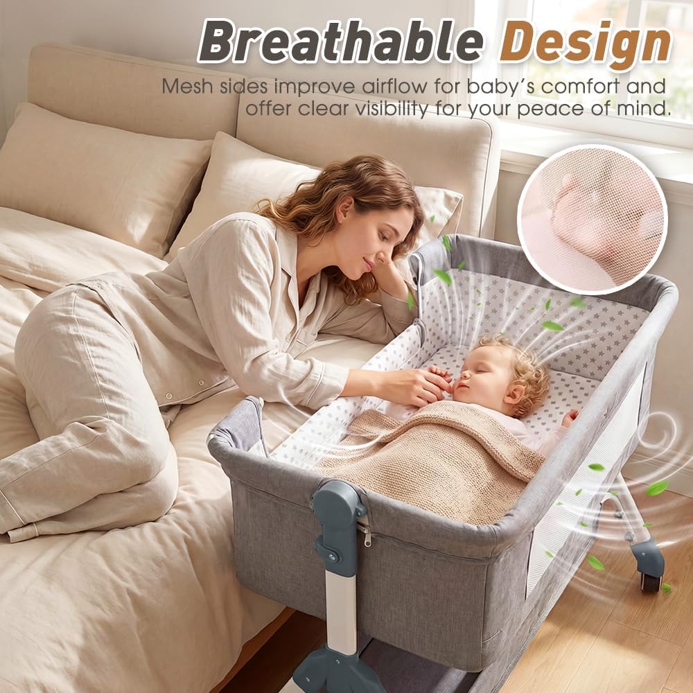 Playpals Grey Bedside Crib with Storage Basket, Wheels, and Mattress Size DEMO