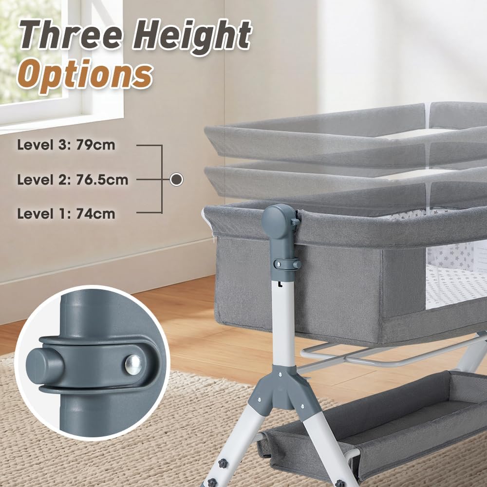 Playpals Grey Bedside Crib with Storage Basket, Wheels, and Mattress Size DEMO
