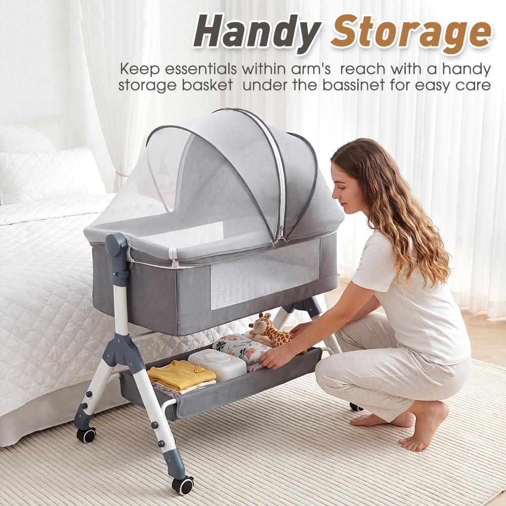 Playpals Grey Bedside Crib with Storage Basket, Wheels, and Mattress Size DEMO