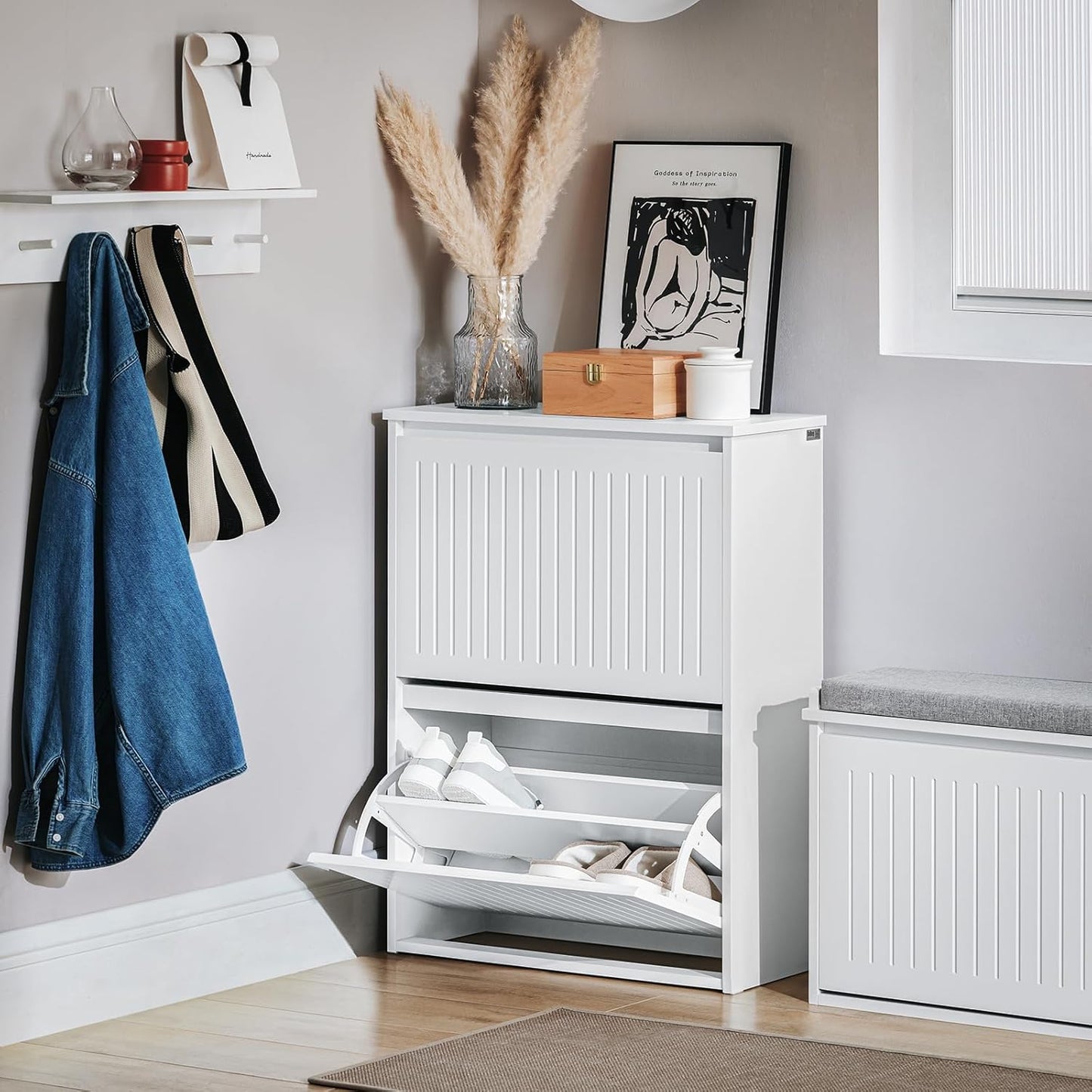 SoBuy Slim Shoe Storage Cabinet with 2 Flip-Drawers, Modern Rack in Silver NEW
