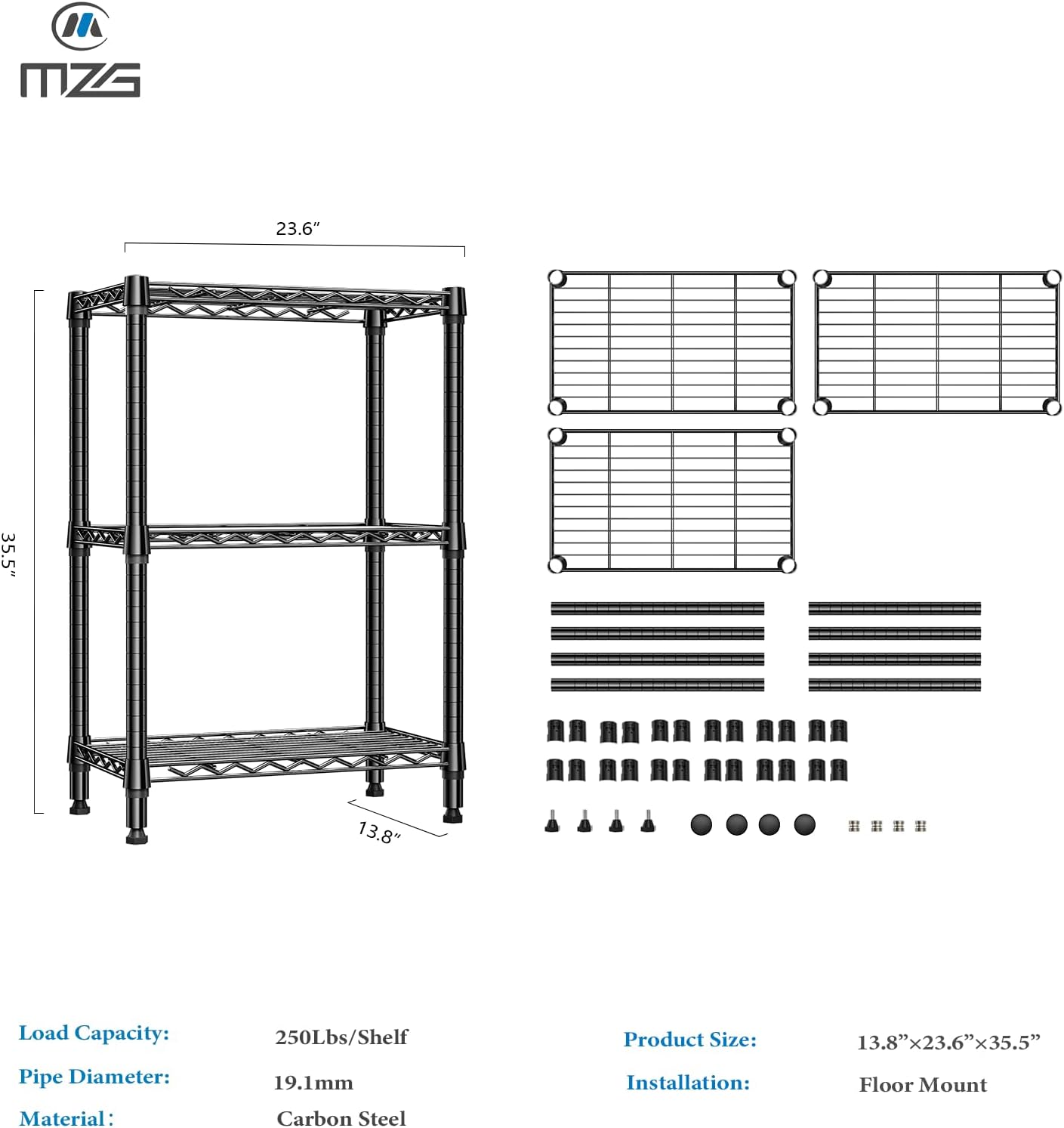 MZG 3-Tier Metal Storage Shelves Rack Heavy Duty 13.8" D x 23.6" W 35.5" H DEMO