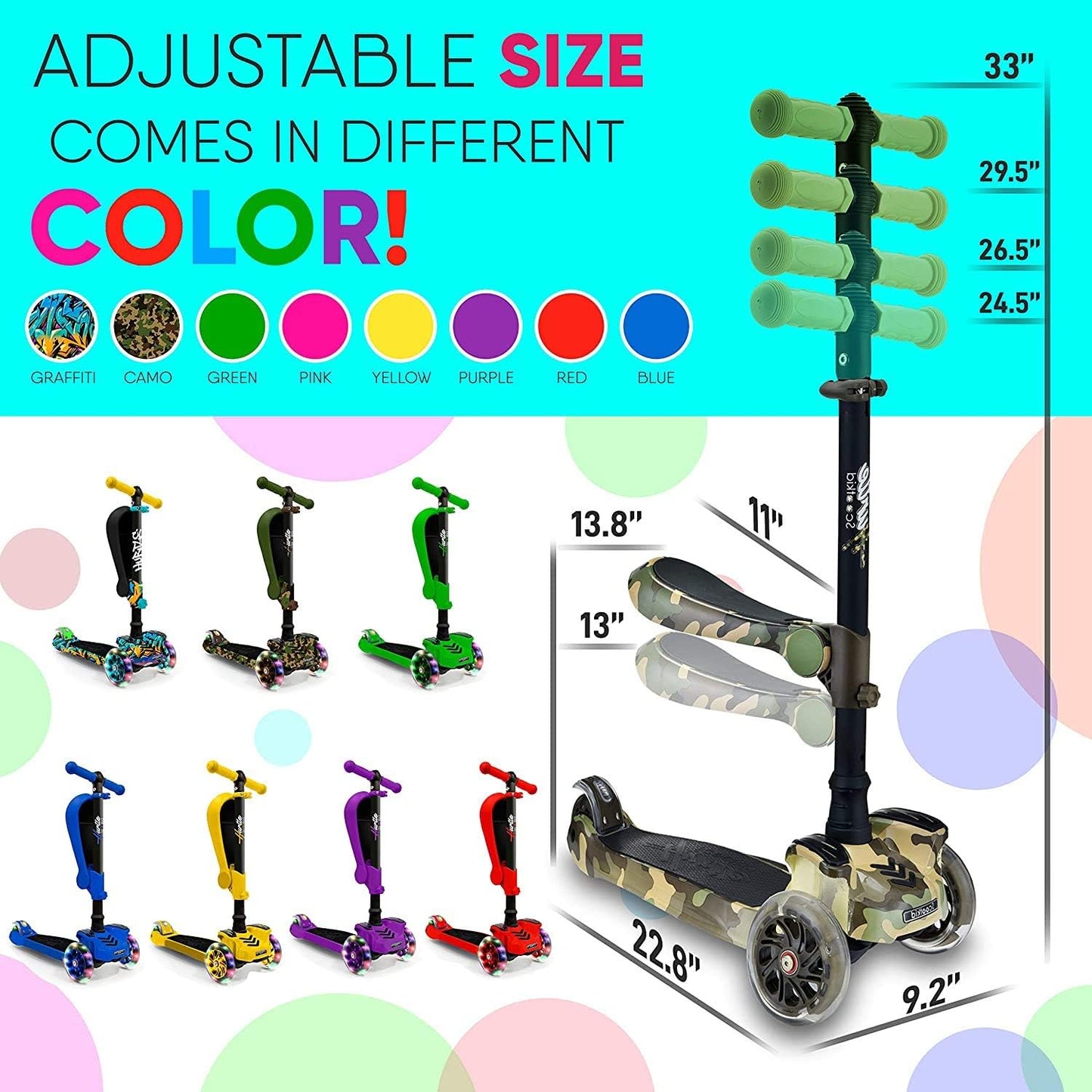 Hurtle 3-Wheeled Kick Scooter for Kids with LED Wheels Adjustable NEW