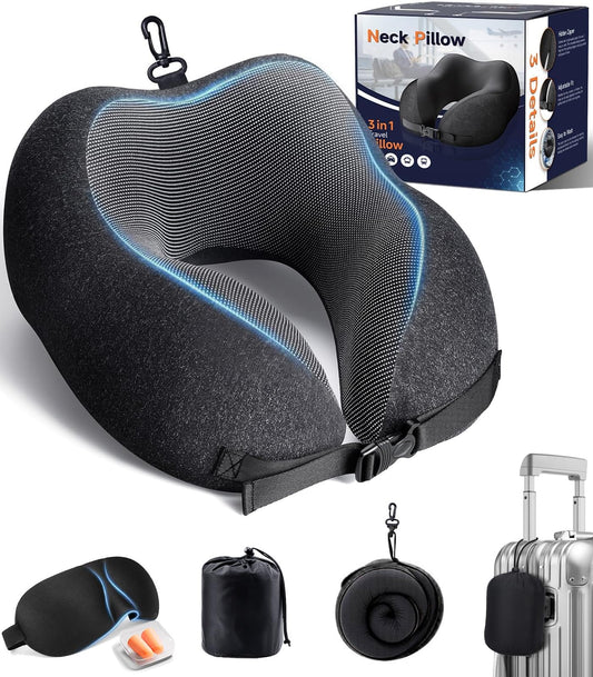 Greneo 360° Memory Foam Travel Pillow, Washable Black and Gray Neck Support NEW