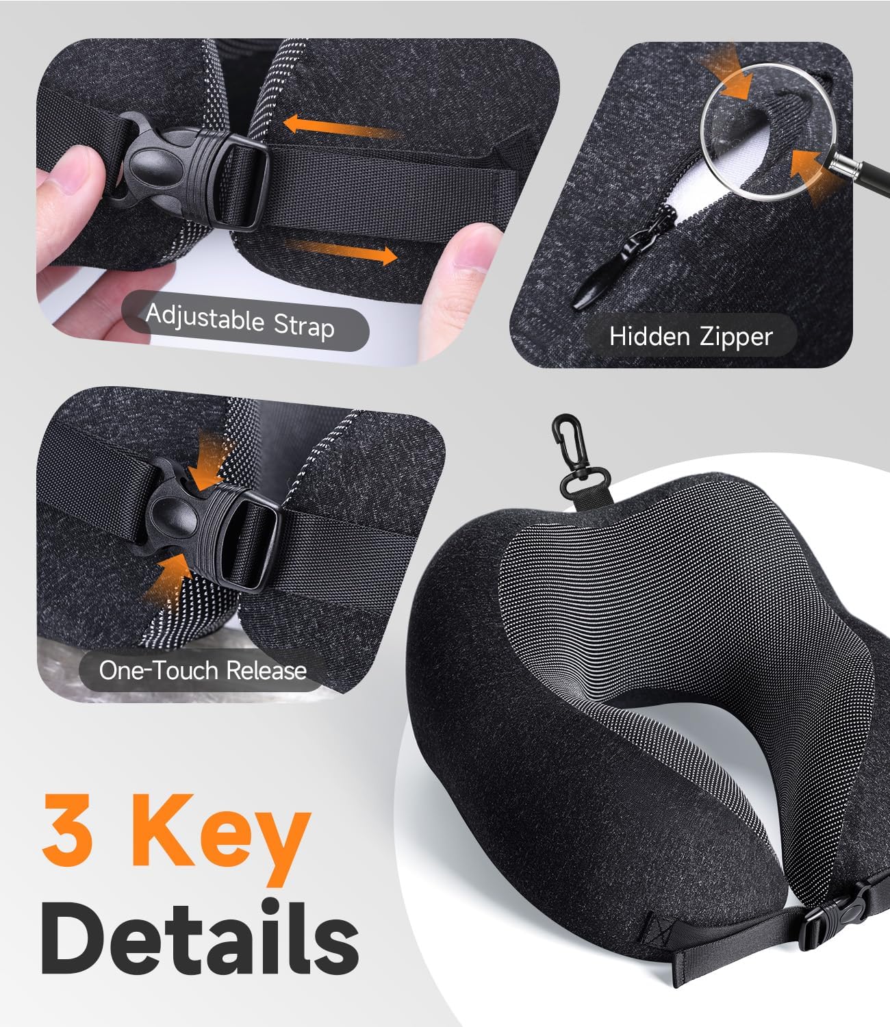 Greneo 360° Memory Foam Travel Pillow, Washable Black and Gray Neck Support NEW