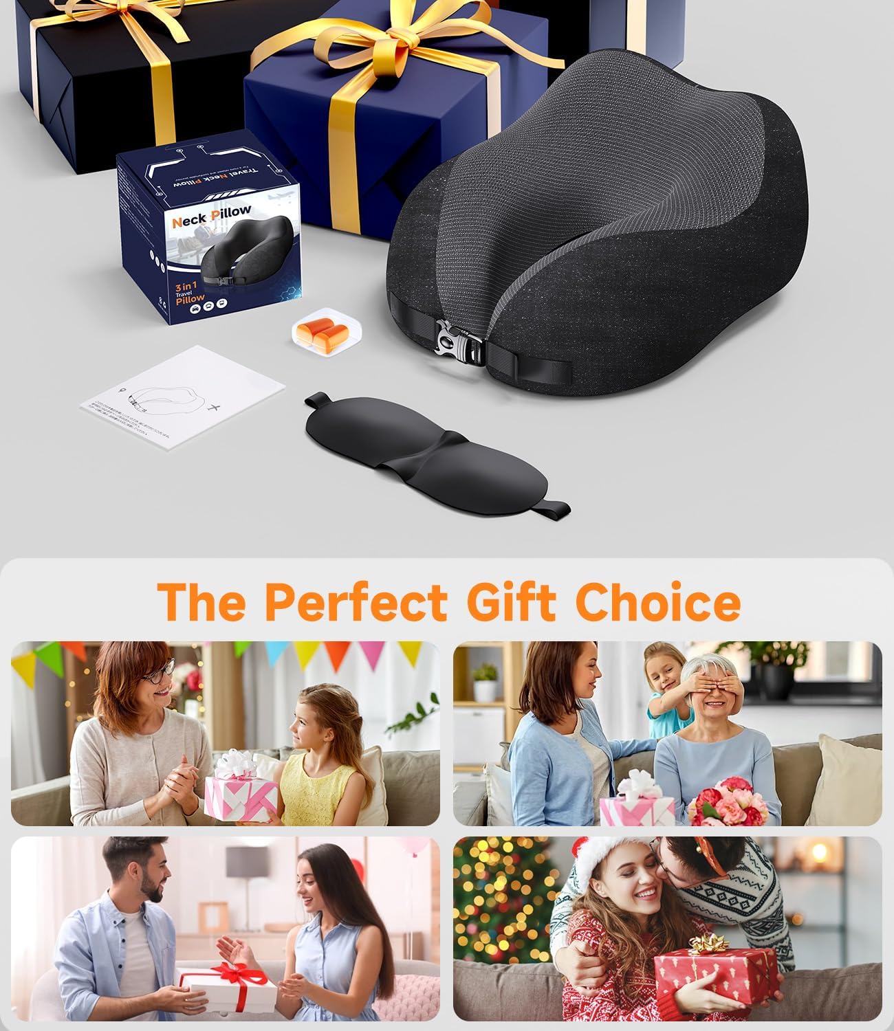 Greneo 360° Memory Foam Travel Pillow, Washable Black and Gray Neck Support NEW