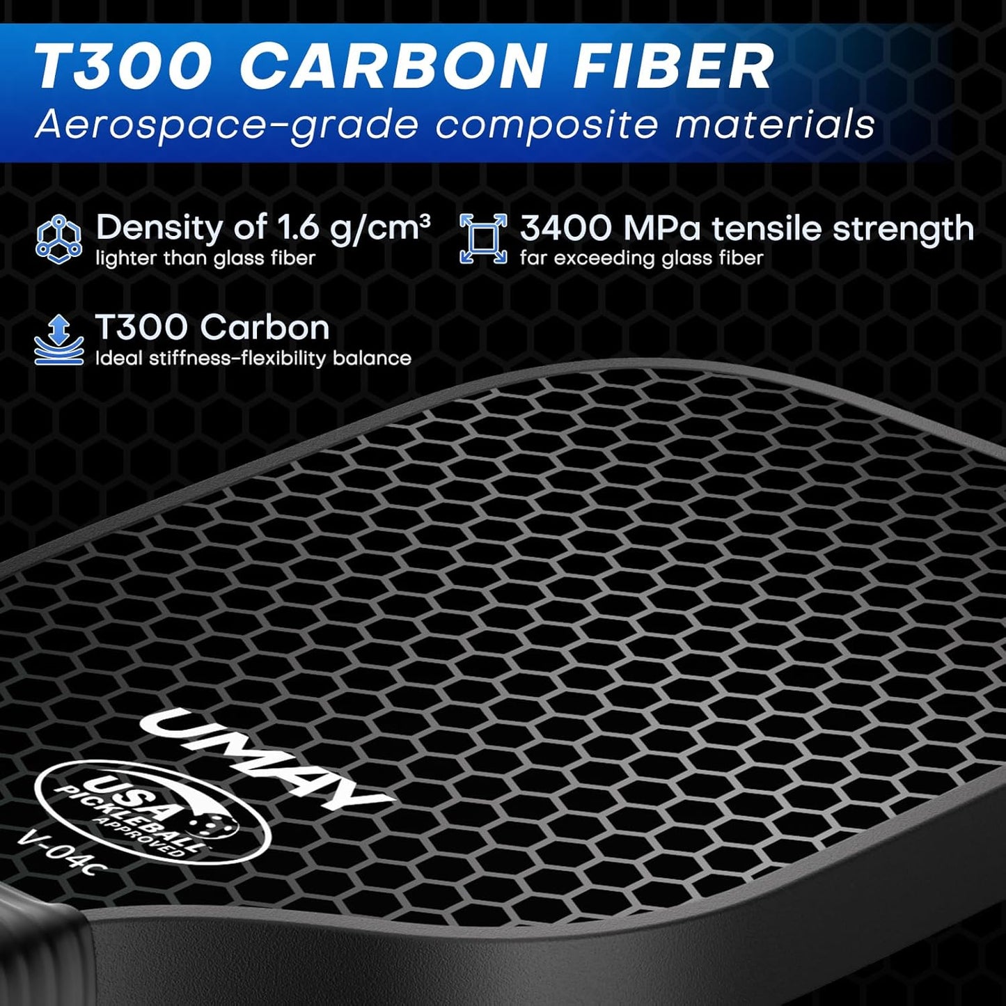 UMAY Tournament-Grade Paddles Carbon Fiber Pickleball Paddle, 4 1/2 inch DEMO