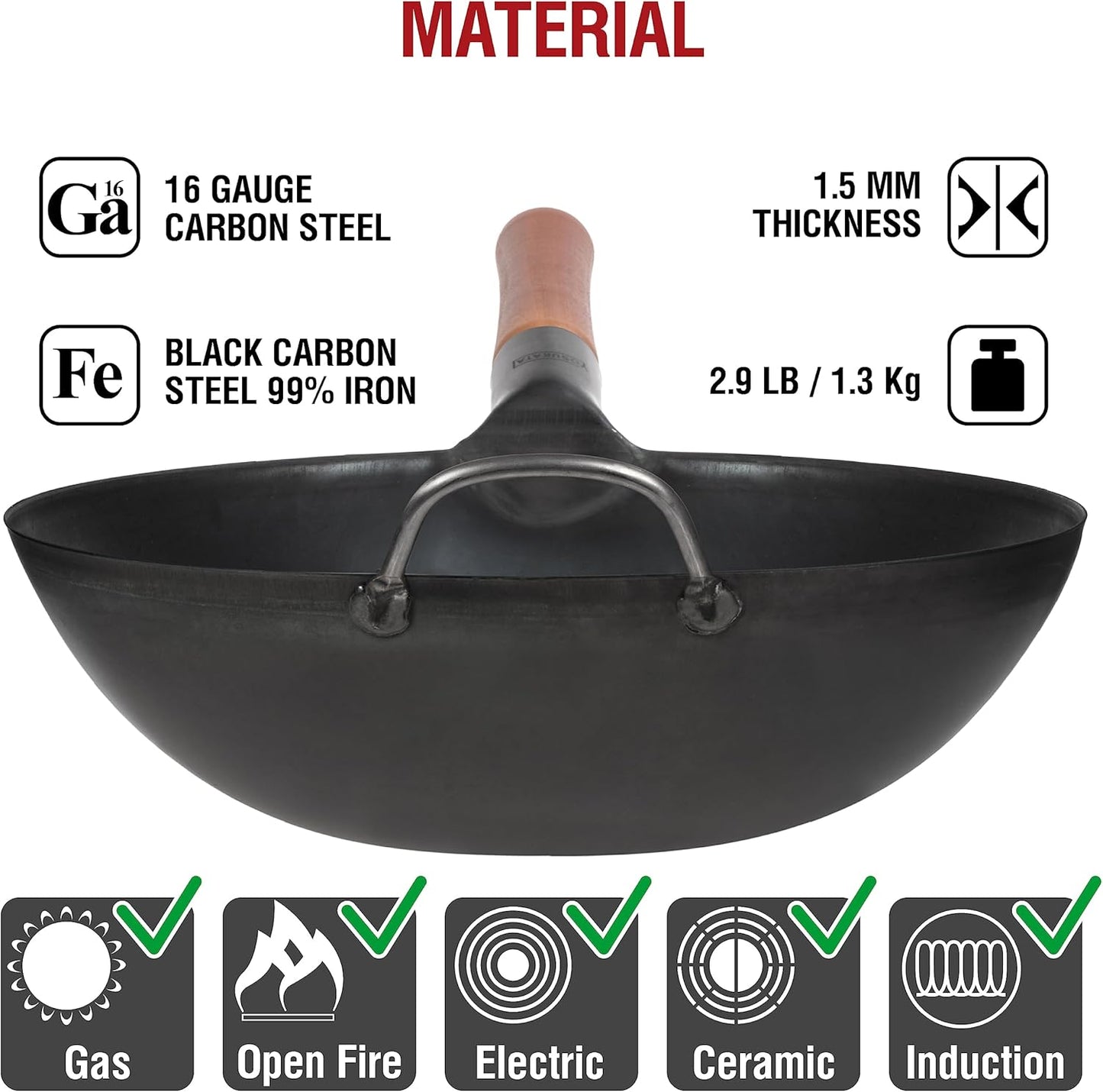YOSUKATA Pre-Seasoned Woks Carbon Steel Wok Pan with Flat Bottom for Stir DEMO