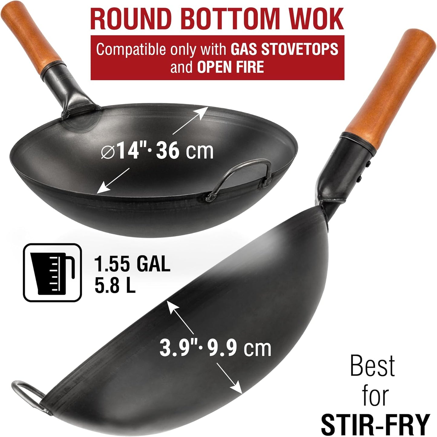 YOSUKATA 36cm Woks Carbon Steel Wok with Round Bottom, Pre-Seasoned for NEW