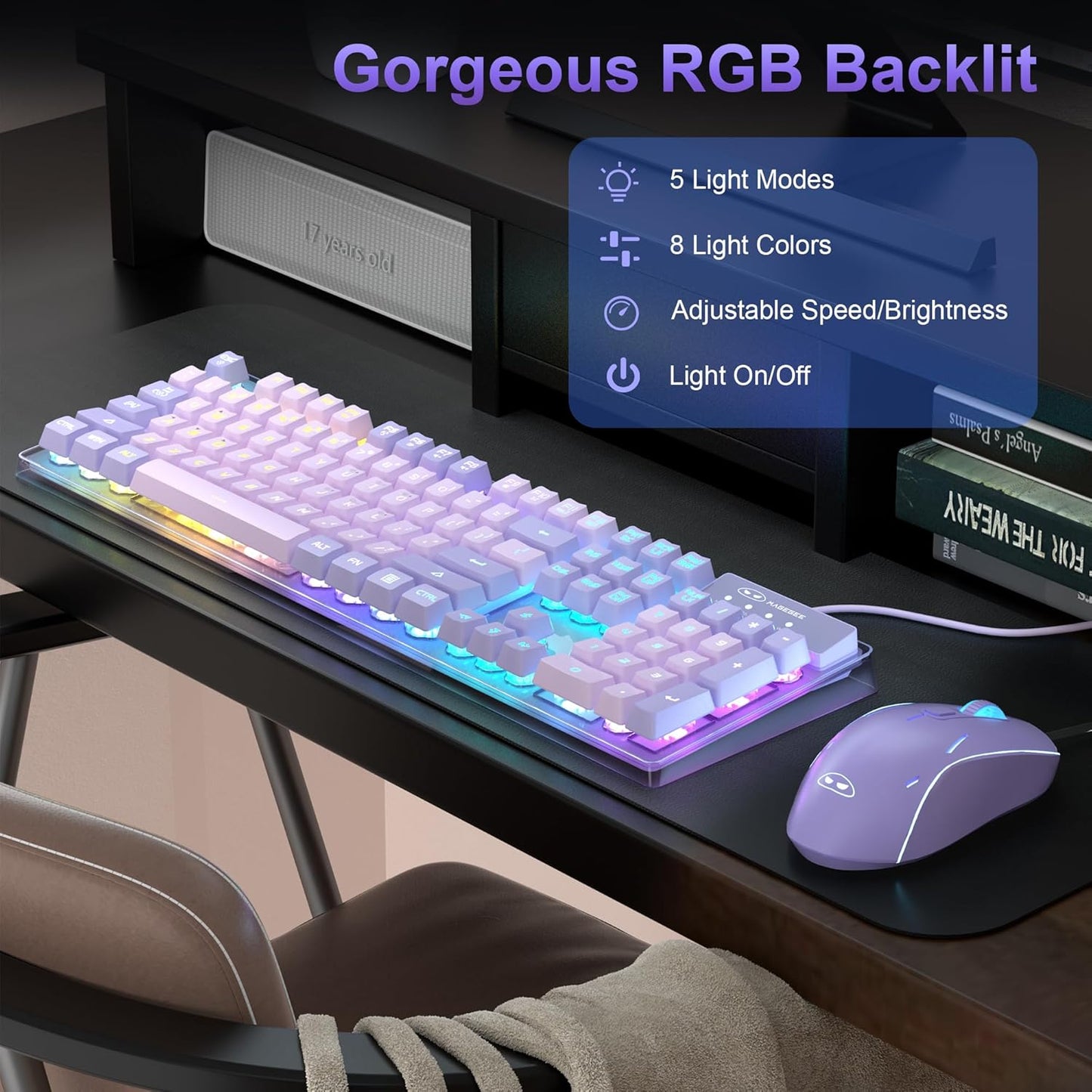 MageGee K1 Keyboards Violet RGB LED Backlit Gaming Keyboard with 104 Keys DEMO