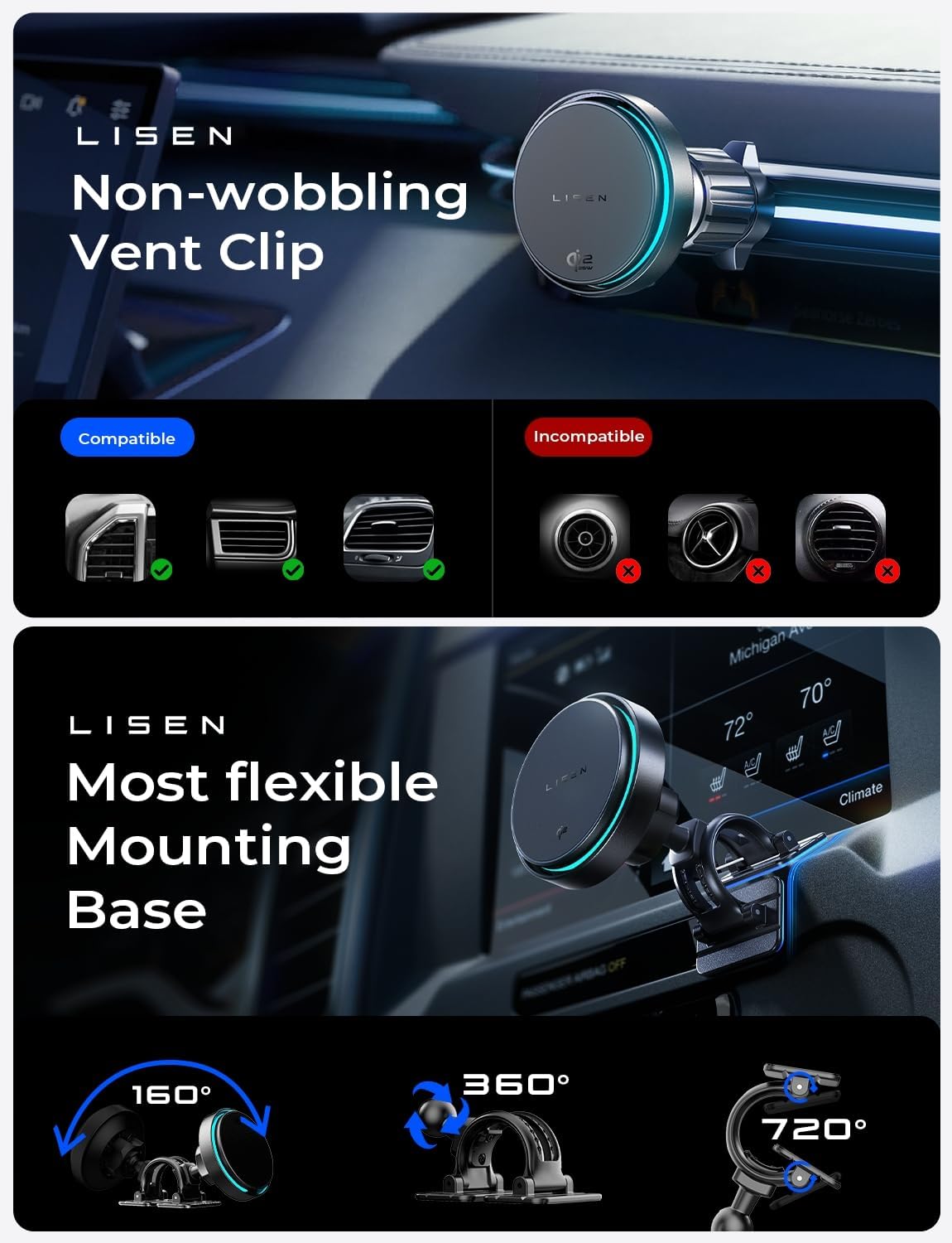 LISEN 25W Automobile Chargers Qi Wireless Car Charger Mount with Cooling DEMO