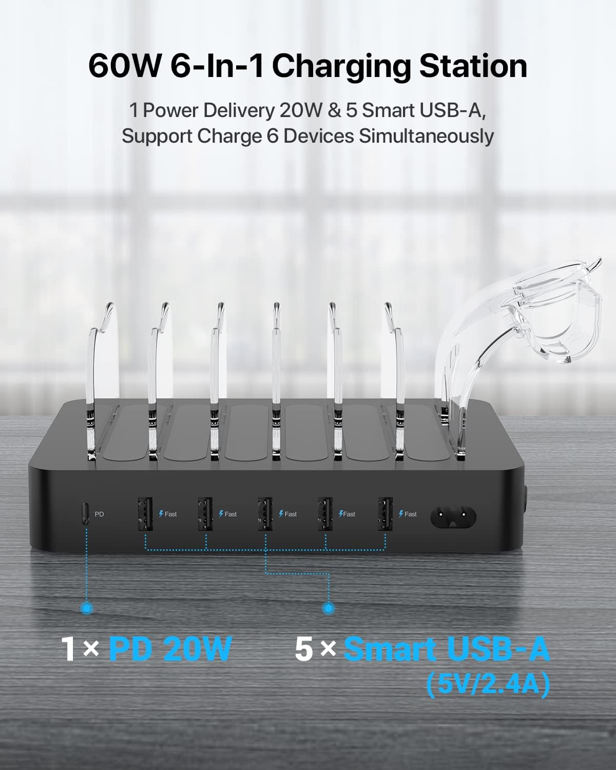 SOOPII 60W Chargers 6-Port USB Charging Station with 20W USB-C PD Fast DEMO