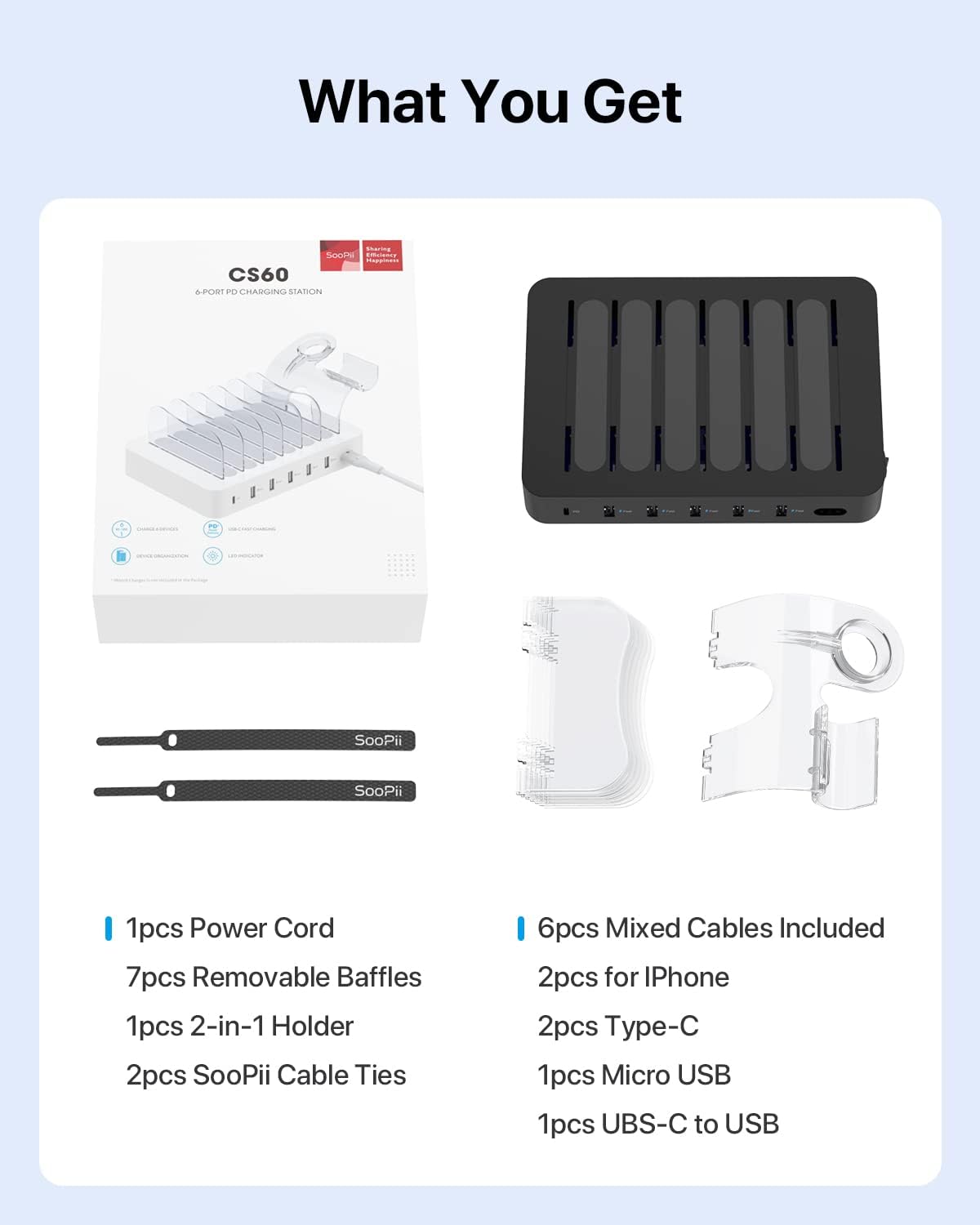 SOOPII 60W Chargers 6-Port USB Charging Station with 20W USB-C PD Fast DEMO