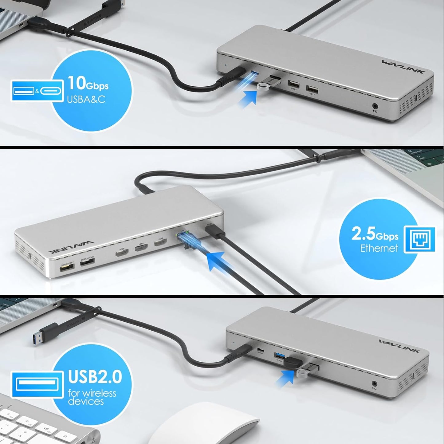 WAVLINK Docking Station with Triple HDMI Ports Dual Monitor Support Silver DEMO