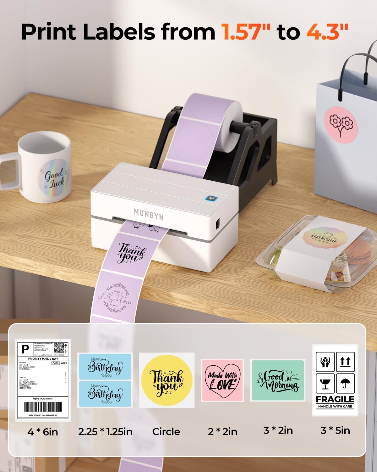 MUNBYN Thermal Printers Label Printer 4x6 Bluetooth Postage Shipping Maker,