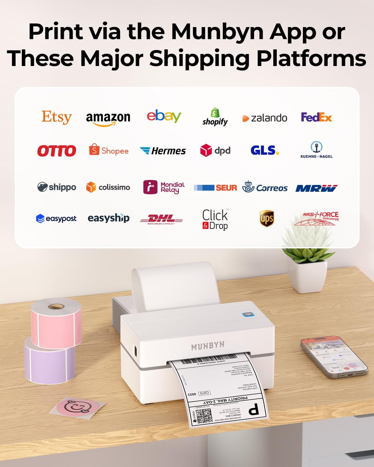 MUNBYN Thermal Printers Label Printer 4x6 Bluetooth Postage Shipping Maker,