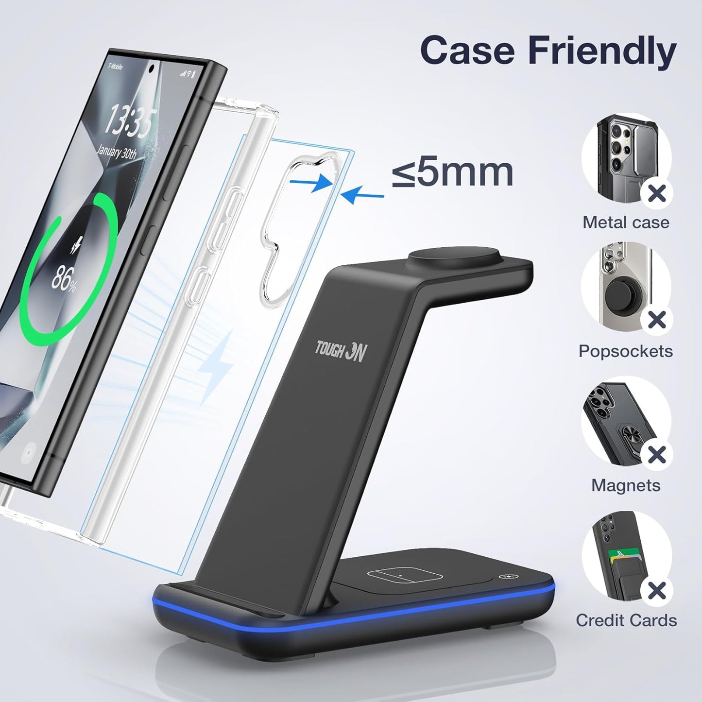 TOUGH ON 3-in-1 Wireless Charging Station for Samsung Phones Induction DEMO