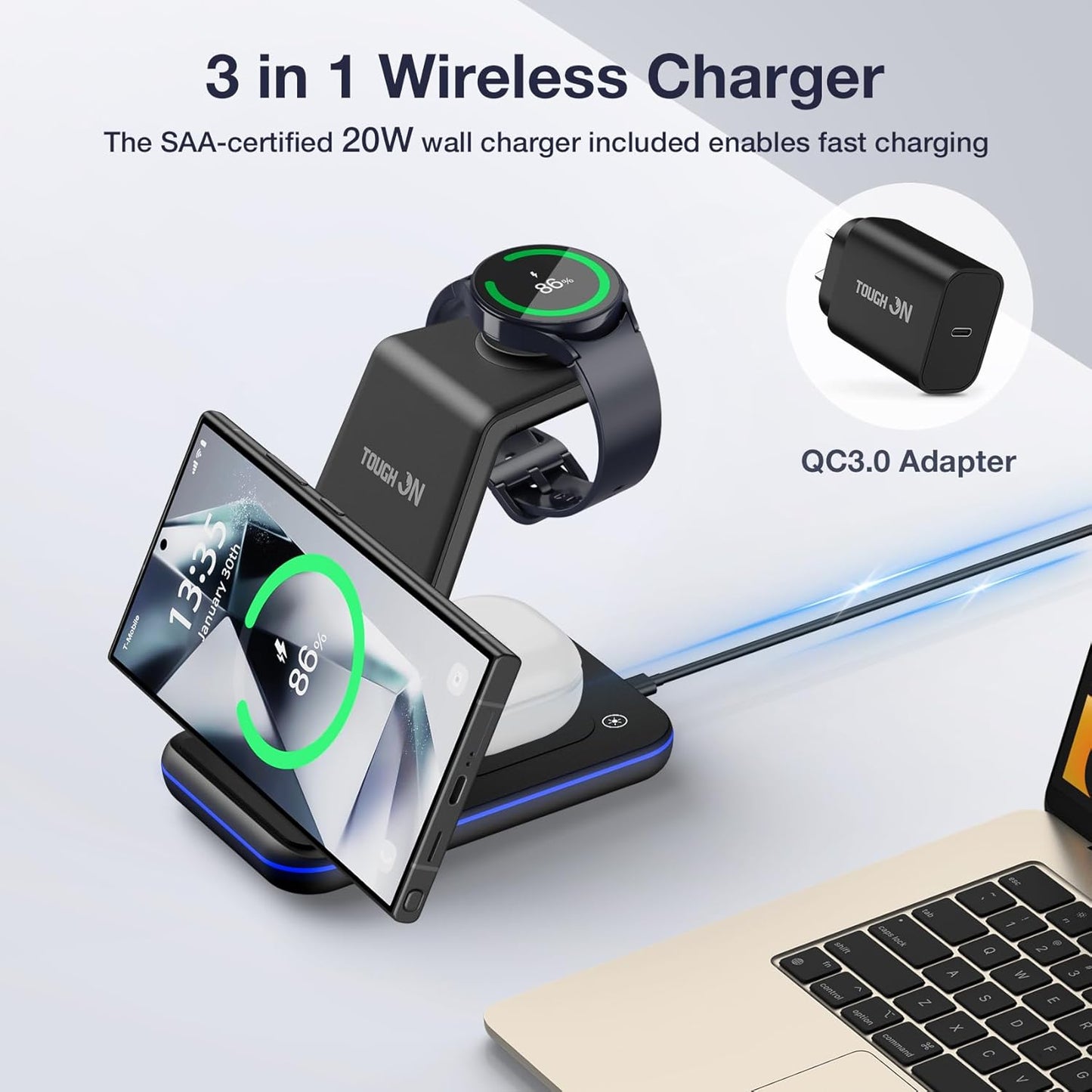 TOUGH ON 3-in-1 Wireless Charging Station for Samsung Phones Induction DEMO