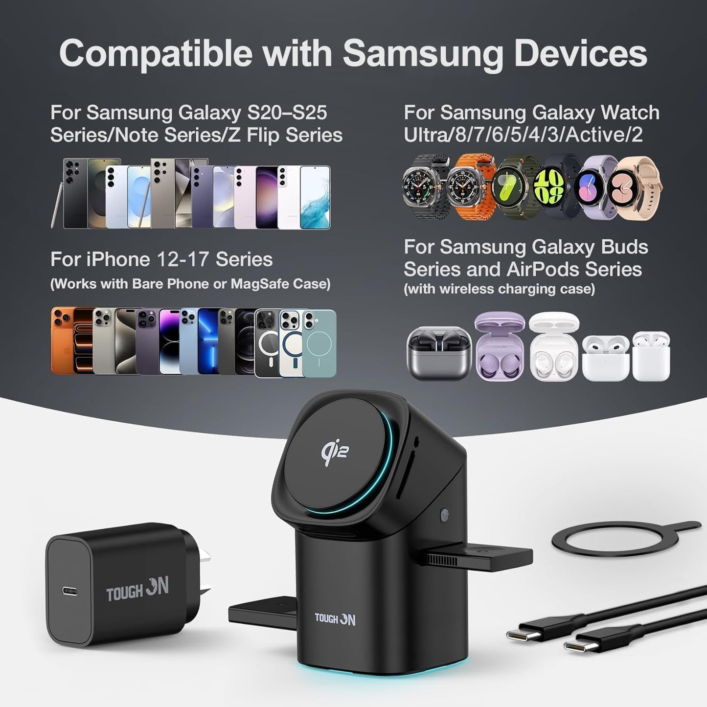 TOUGH ON Induction Chargers 3-in-1 Qi2 Certified 15W Magnetic Wireless DEMO