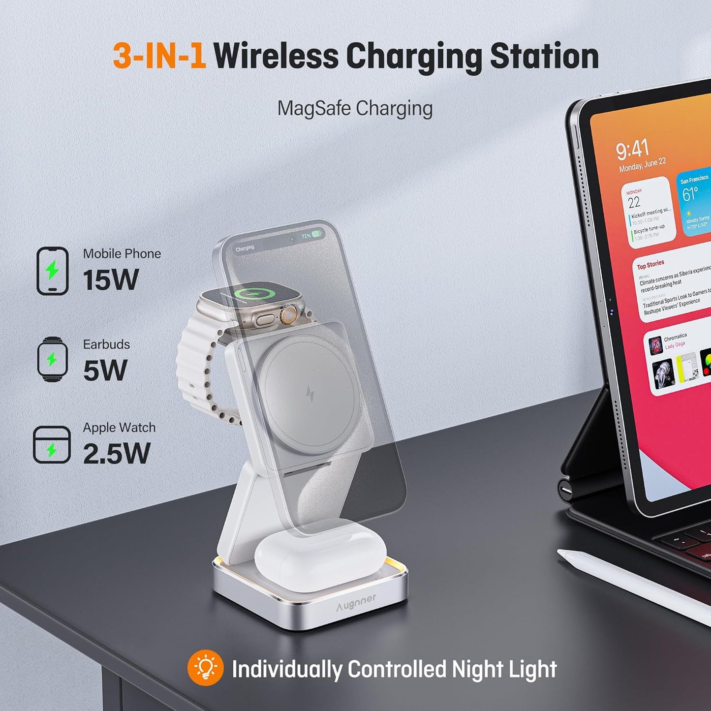 Augnner Foldable Wireless Charging Station with Night Light Induction Pad DEMO